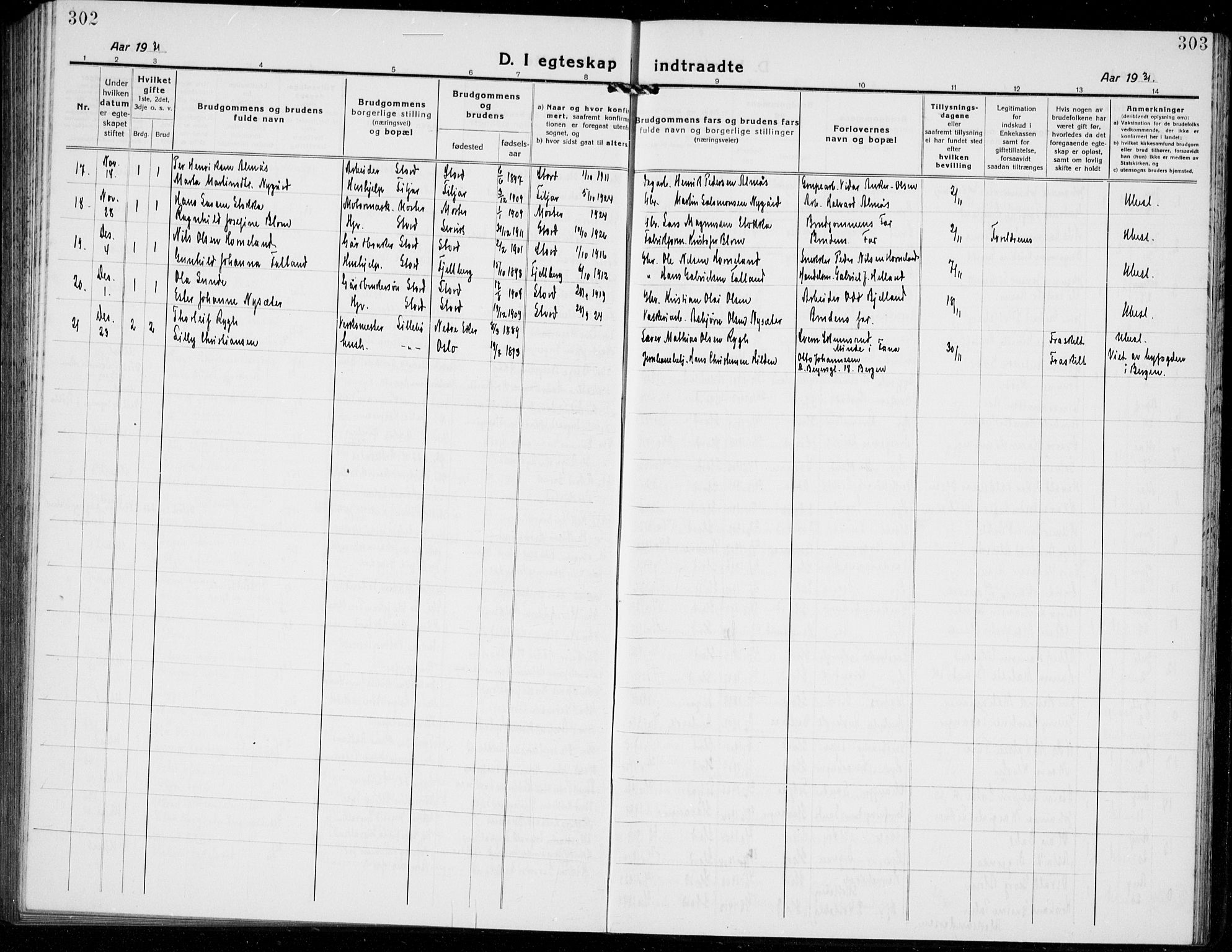 Stord sokneprestembete, AV/SAB-A-78201/H/Hab: Parish register (copy) no. A 4, 1919-1933, p. 302-303