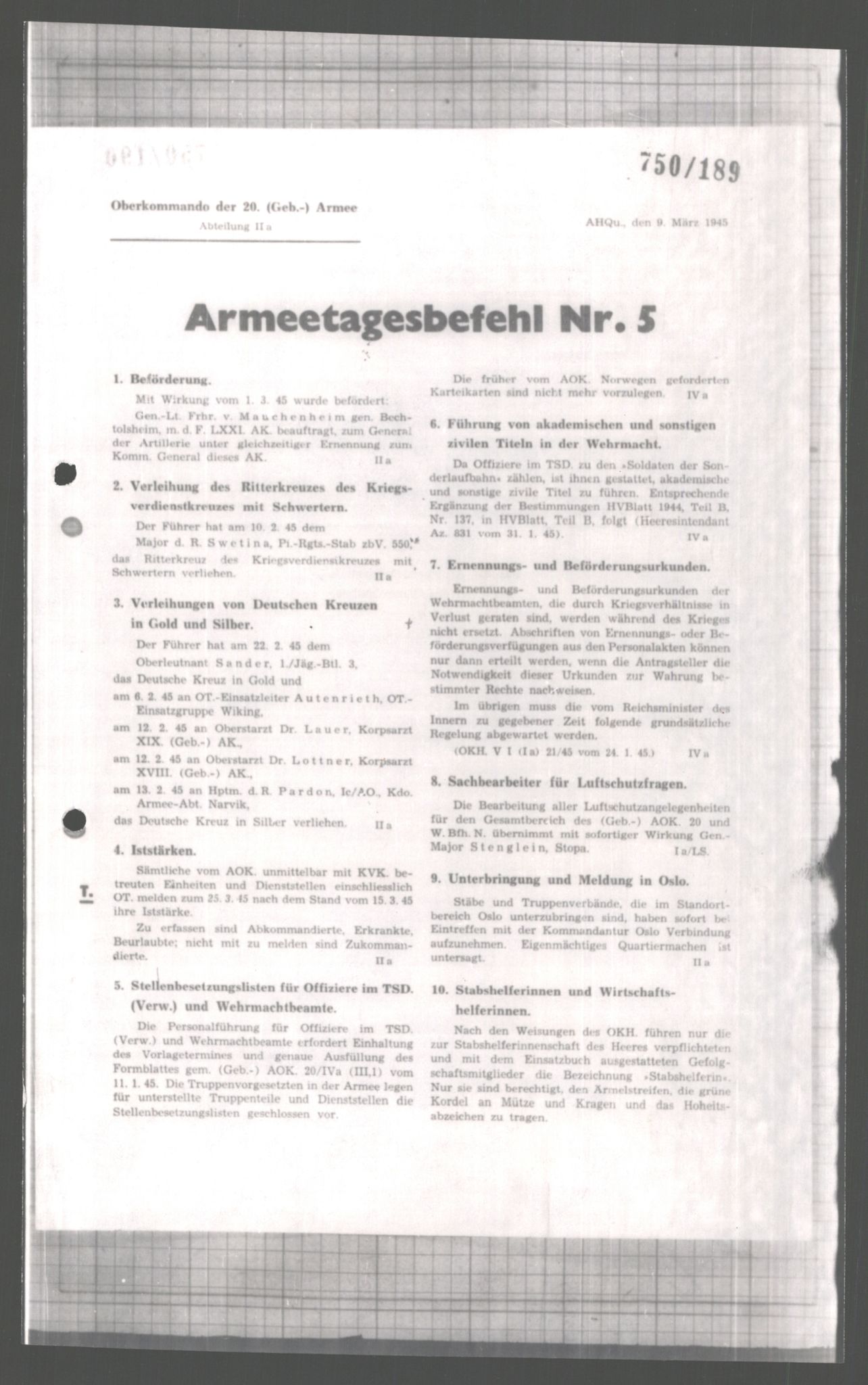 Forsvarets Overkommando. 2 kontor. Arkiv 11.4. Spredte tyske arkivsaker, AV/RA-RAFA-7031/D/Dar/Dara/L0004: Krigsdagbøker for 20. Gebirgs-Armee-Oberkommando (AOK 20), 1945, p. 32