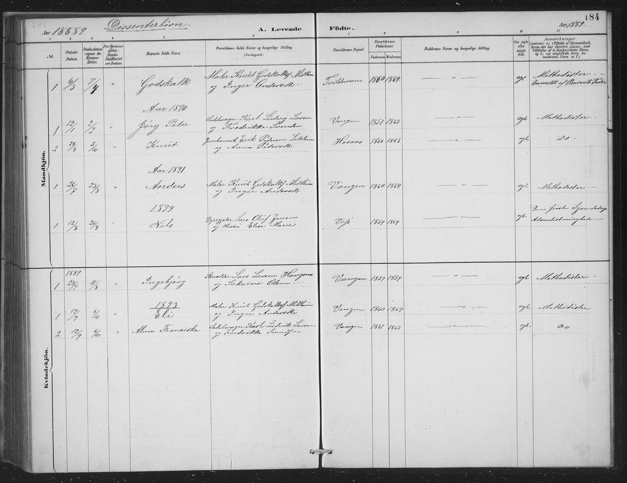 Voss sokneprestembete, SAB/A-79001/H/Hab: Parish register (copy) no. C 1, 1886-1899, p. 184