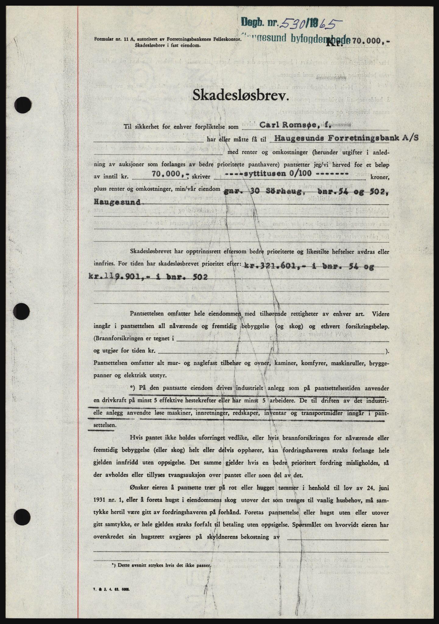 Haugesund tingrett, SAST/A-101415/01/II/IIC/L0053: Mortgage book no. B 53, 1965-1965, Diary no: : 530/1965