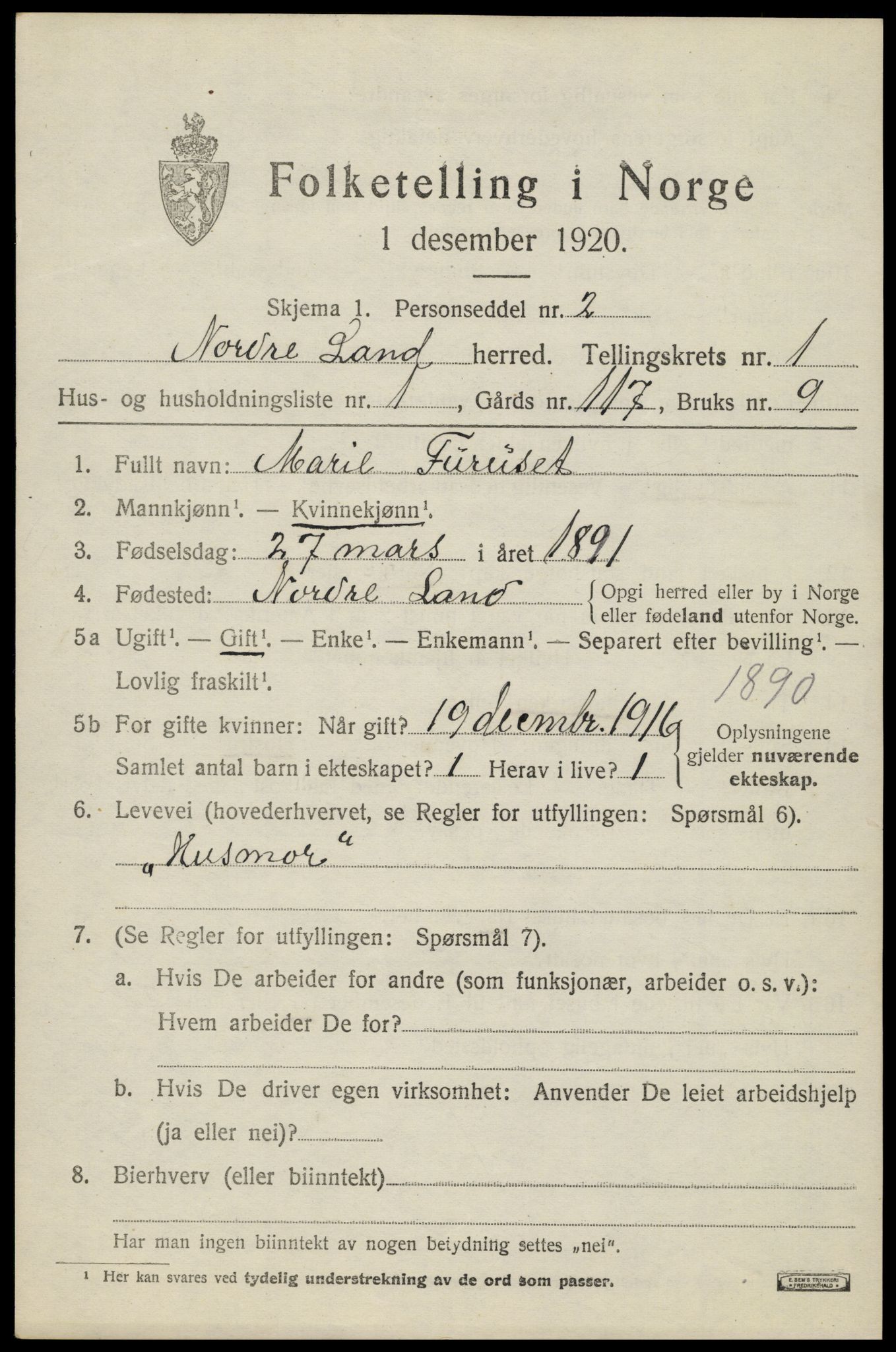 SAH, 1920 census for Nordre Land, 1920, p. 1120