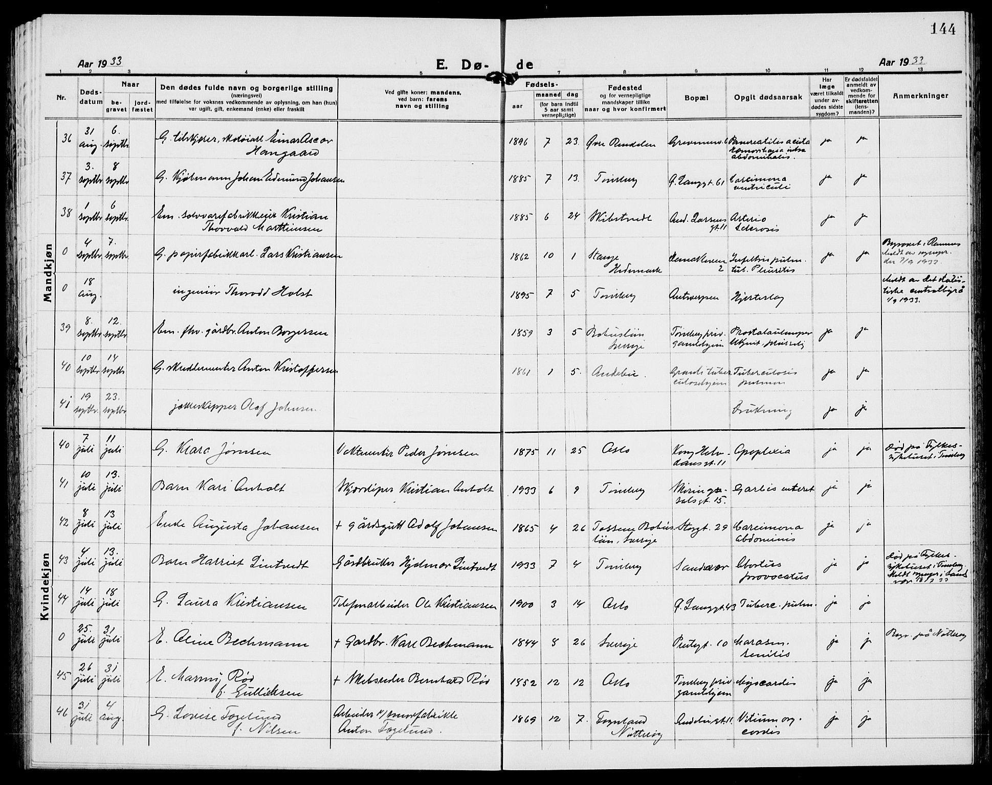 Tønsberg kirkebøker, AV/SAKO-A-330/G/Ga/L0018: Parish register (copy) no. 18, 1920-1935, p. 144