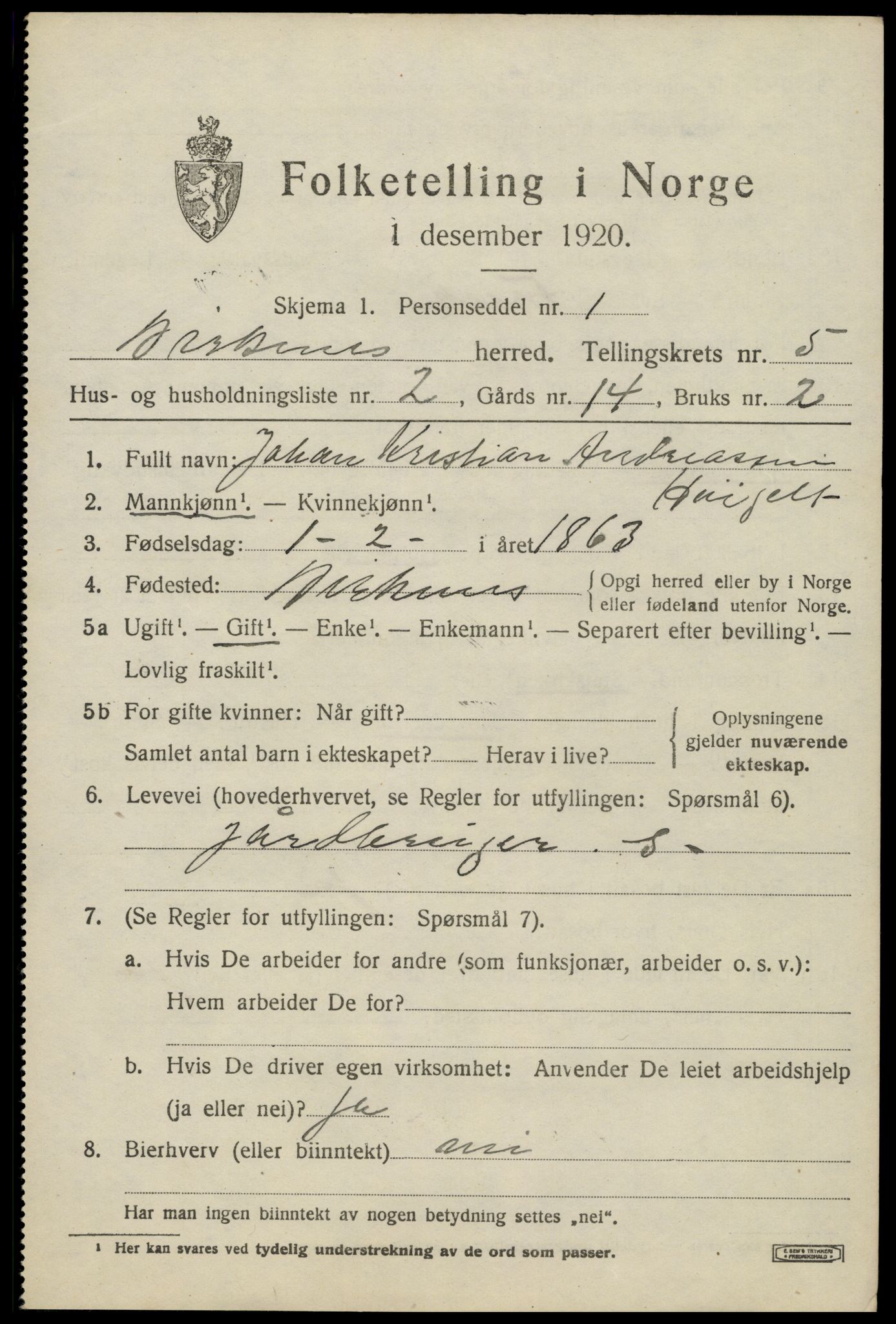 SAK, 1920 census for Birkenes, 1920, p. 3025