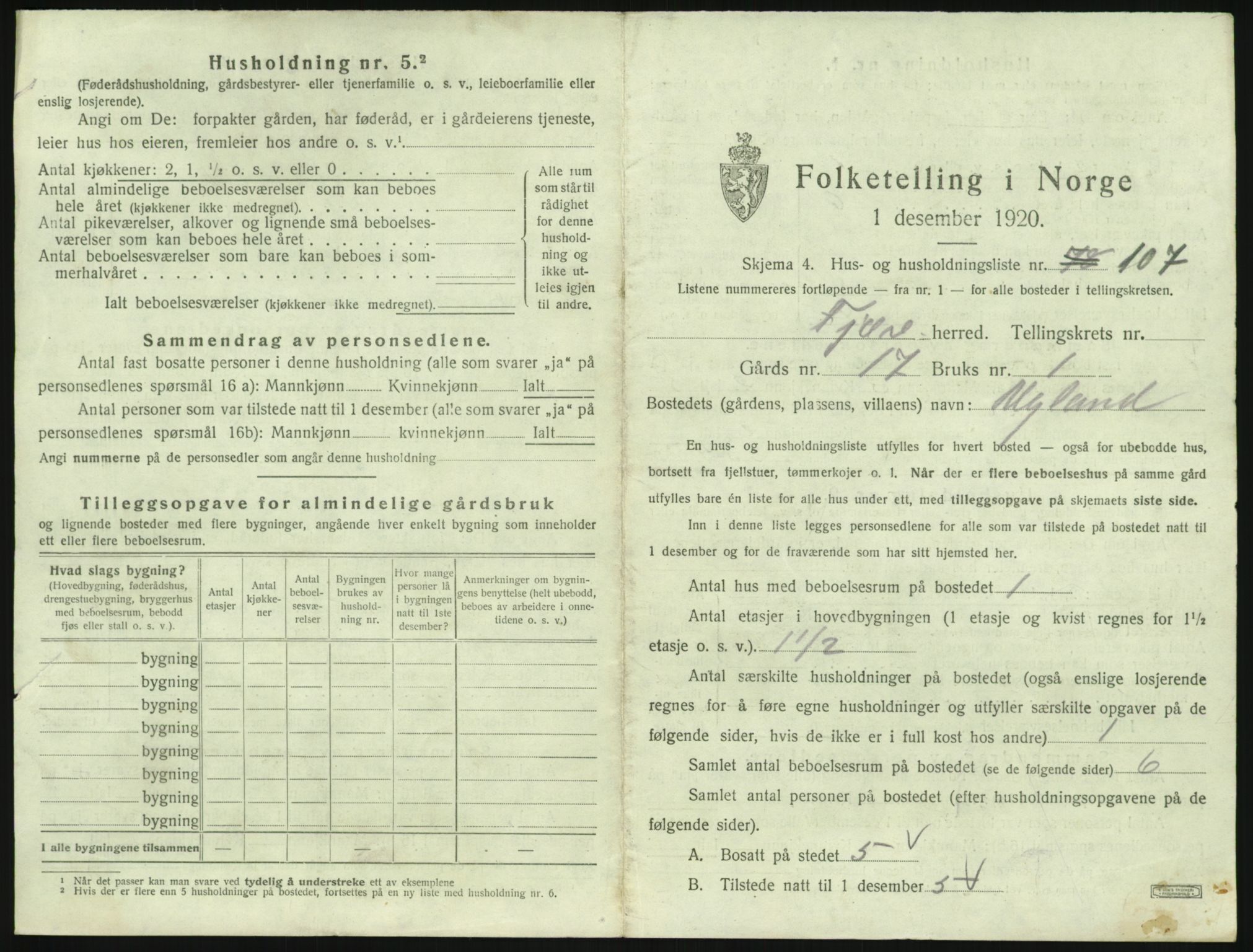 SAK, 1920 census for Fjære, 1920, p. 1009