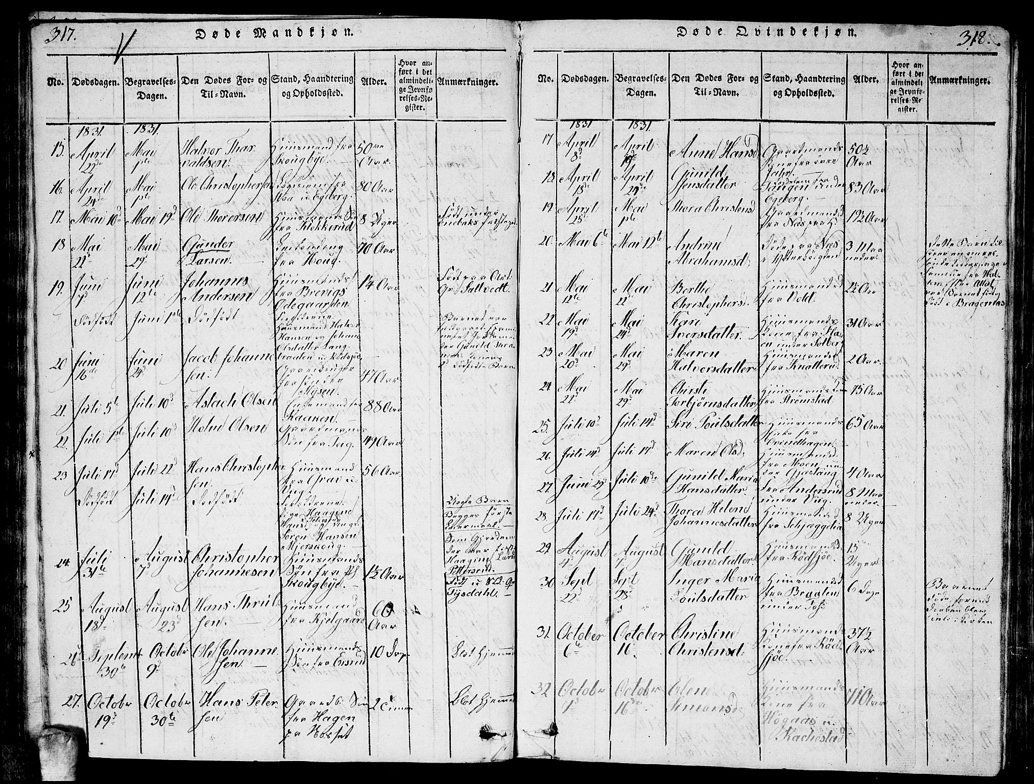 Enebakk prestekontor Kirkebøker, AV/SAO-A-10171c/G/Ga/L0001: Parish register (copy) no. I 1, 1815-1833, p. 317-318