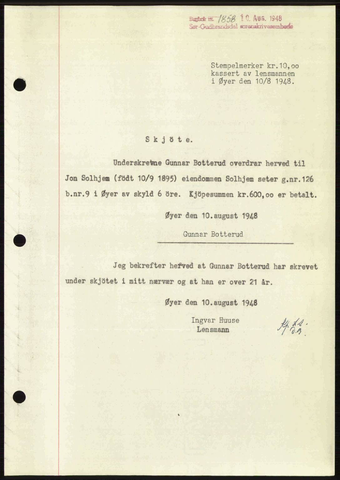 Sør-Gudbrandsdal tingrett, SAH/TING-004/H/Hb/Hbd/L0022: Mortgage book no. A22, 1948-1948, Diary no: : 1858/1948