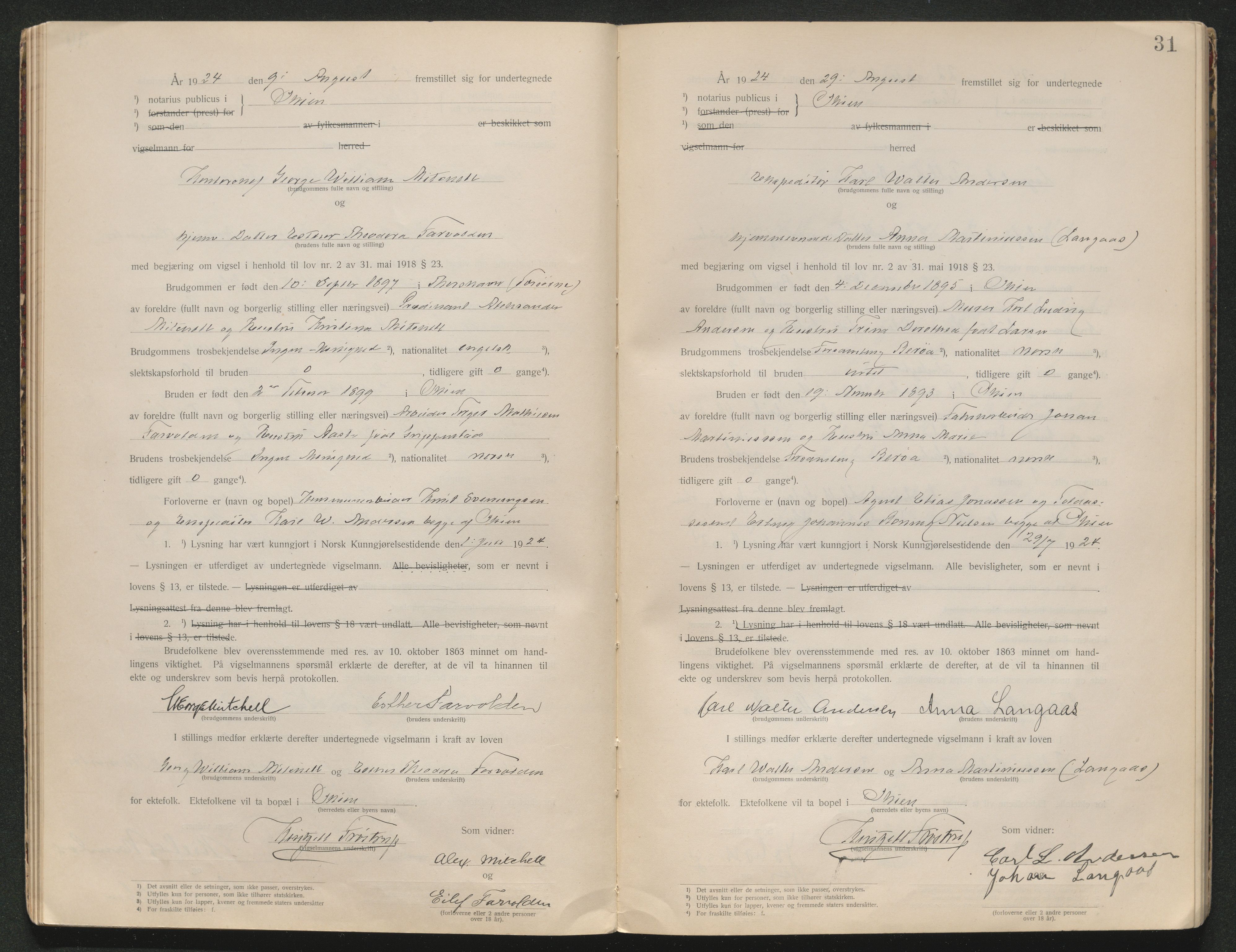 Skien sorenskriveri, AV/SAKO-A-225/L/La/L0001: Vigselsprotokoll, 1920-1947, p. 31