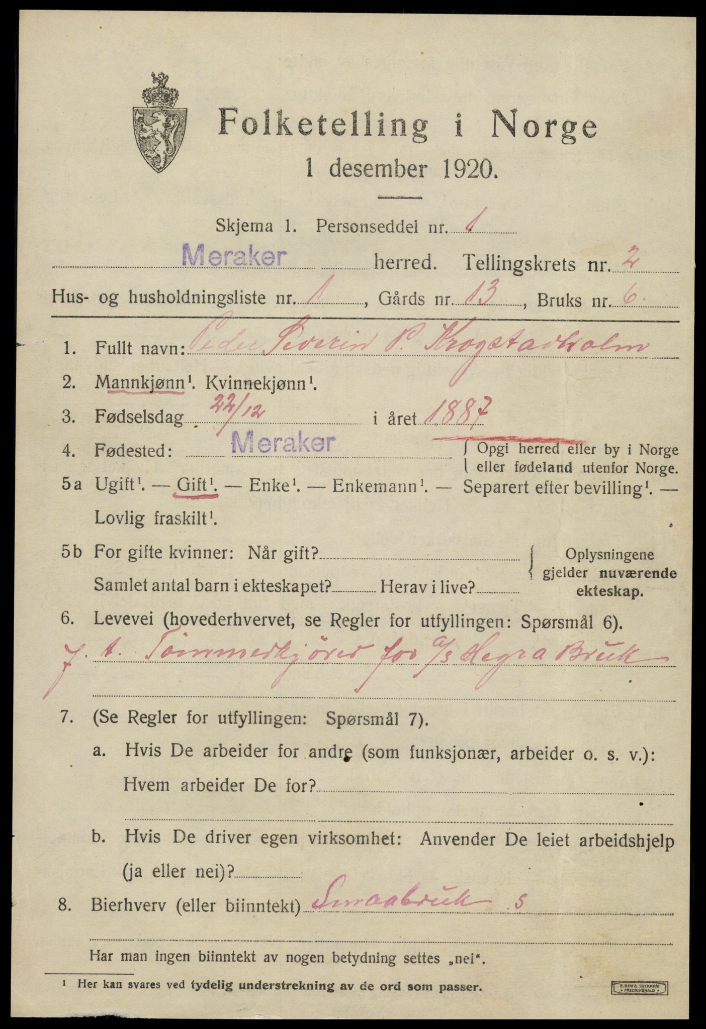 SAT, 1920 census for Meråker, 1920, p. 1734