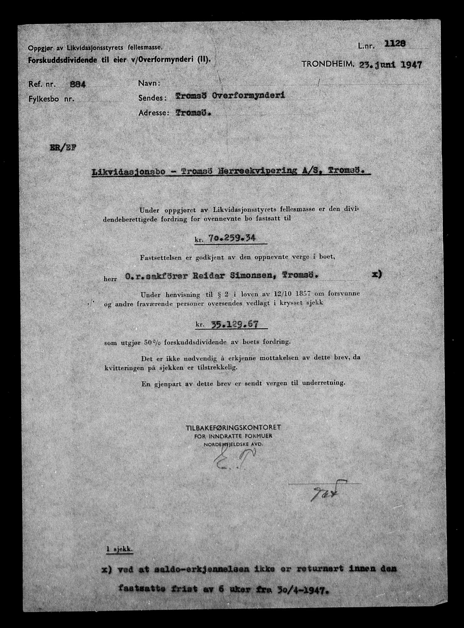 Justisdepartementet, Tilbakeføringskontoret for inndratte formuer, AV/RA-S-1564/H/Hc/Hcb/L0916: --, 1945-1947, p. 908