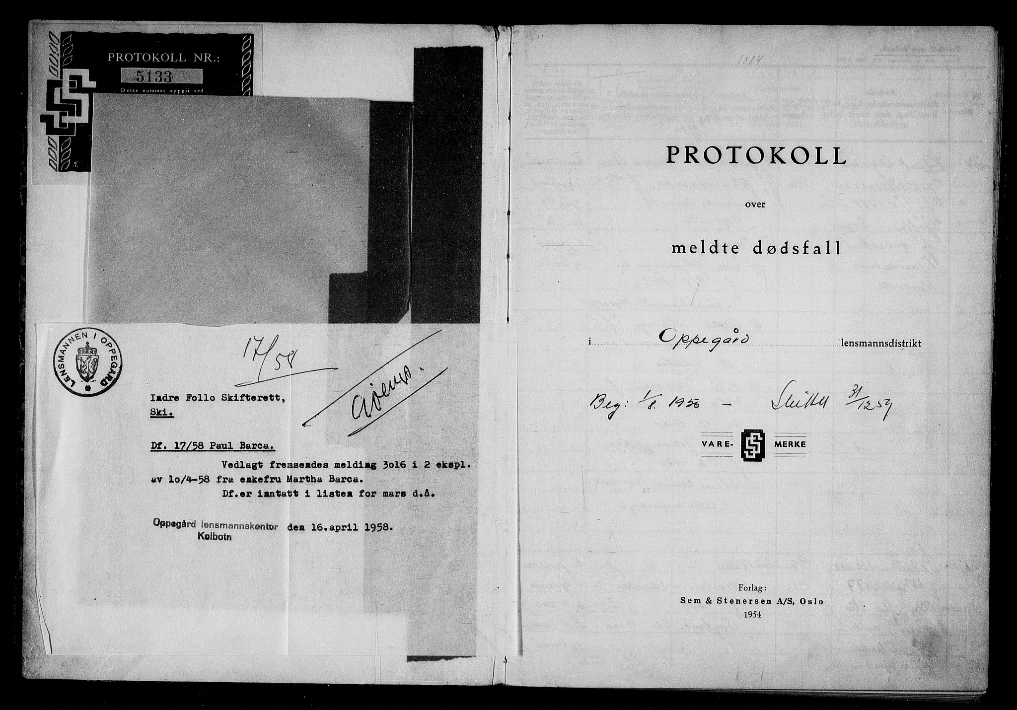 Oppegård lensmannskontor, AV/SAO-A-10186/H/Ha/L0007: Dødsfallsprotokoll, 1956-1958