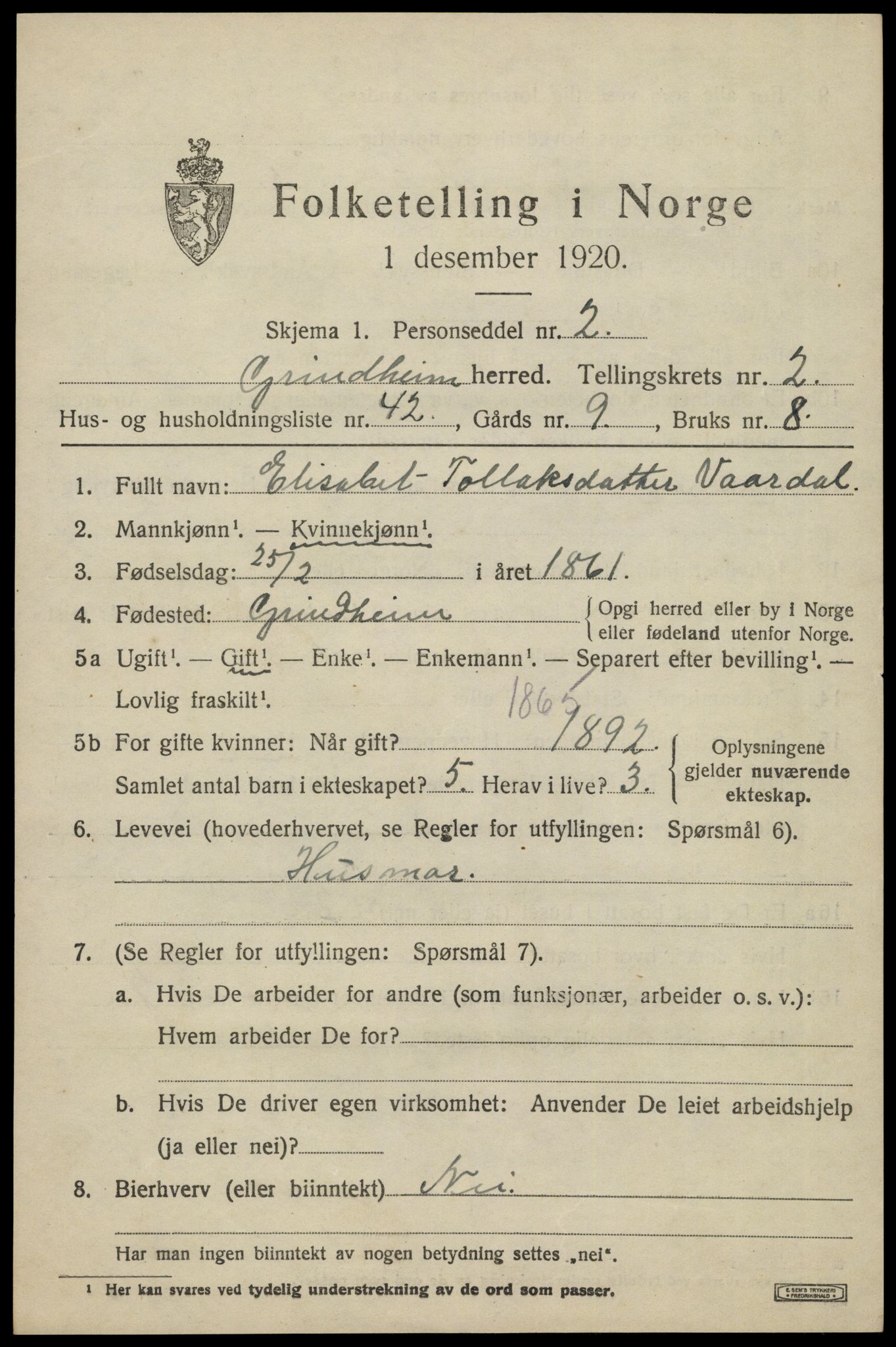 SAK, 1920 census for Grindheim, 1920, p. 871