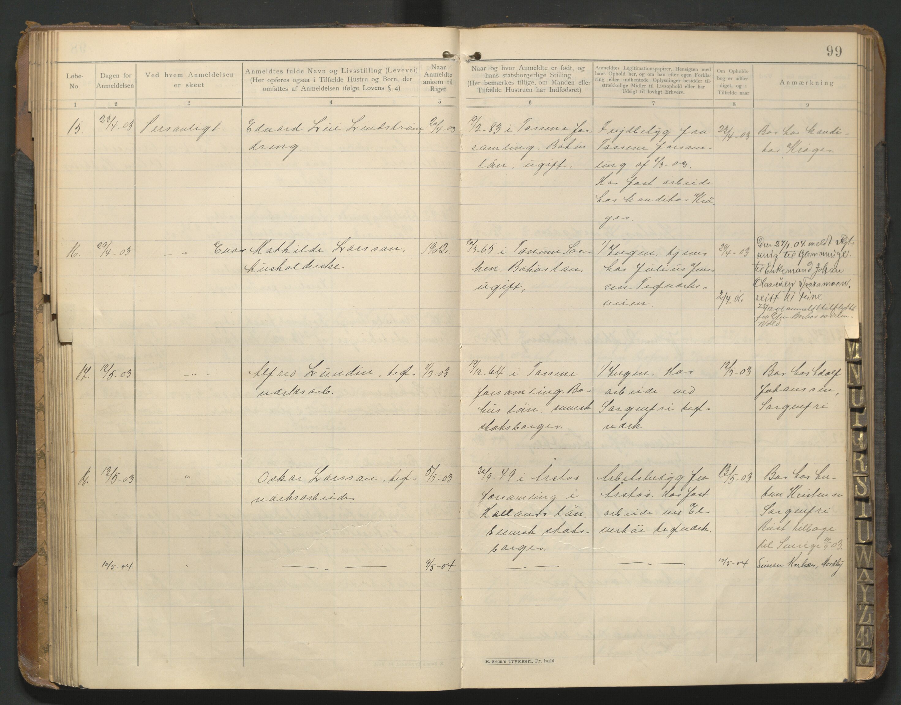 Fredrikstad politikammer, AV/SAO-A-10055/H/Hb/Hba/L0001: Protokoll over fremmede statsborgere, 1901-1916, p. 98b-99a