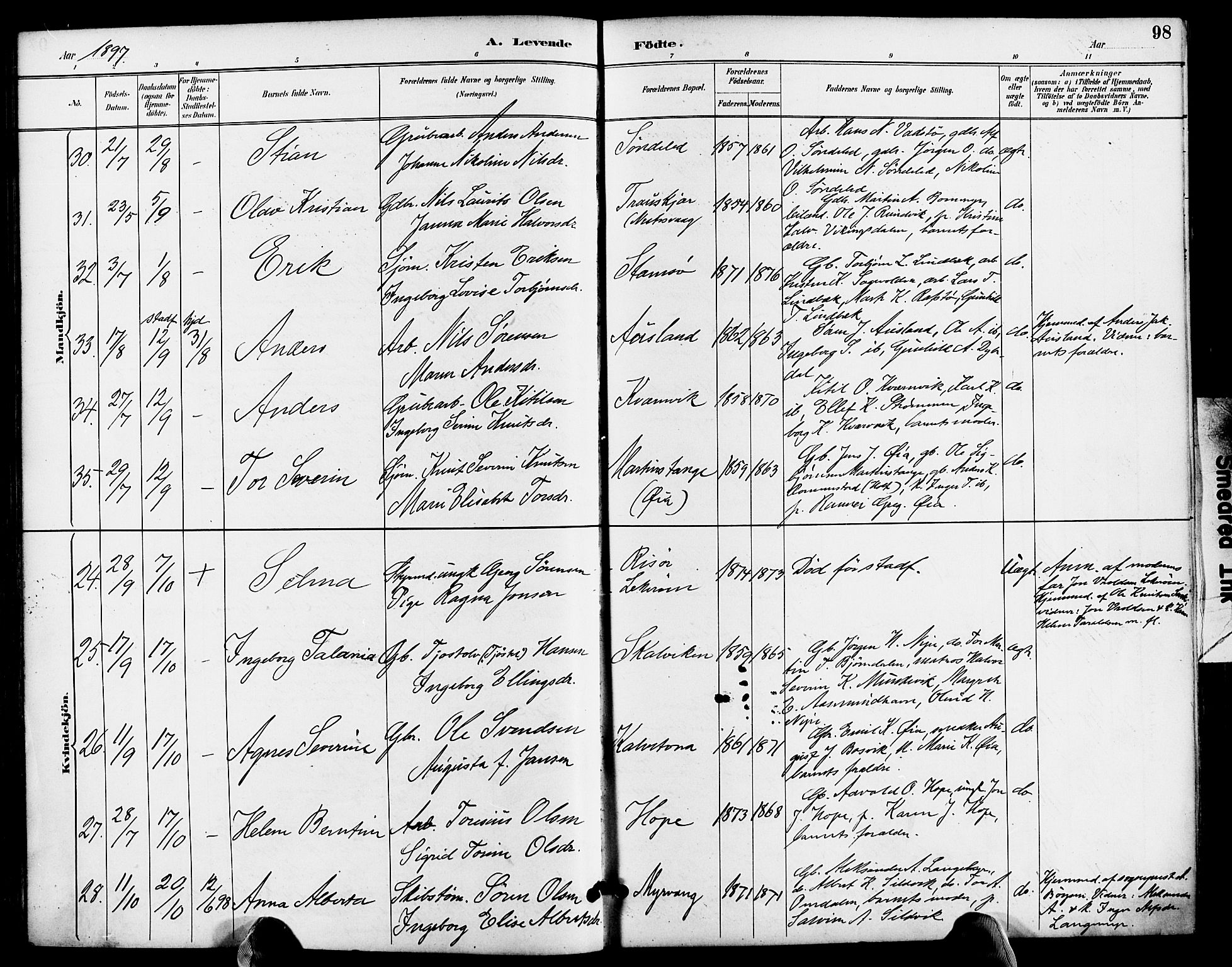 Søndeled sokneprestkontor, AV/SAK-1111-0038/F/Fa/L0005: Parish register (official) no. A 5, 1889-1899, p. 98