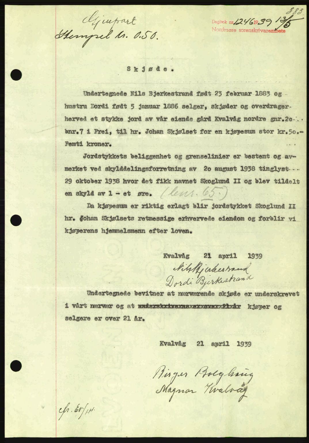 Nordmøre sorenskriveri, AV/SAT-A-4132/1/2/2Ca: Mortgage book no. A86, 1939-1939, Diary no: : 1246/1939