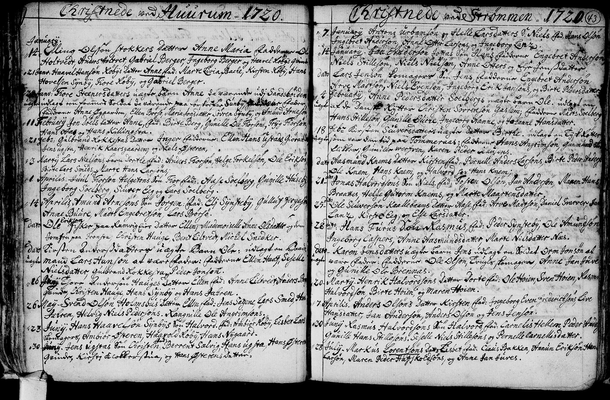 Hurum kirkebøker, AV/SAKO-A-229/F/Fa/L0001: Parish register (official) no. 1, 1715-1732, p. 43