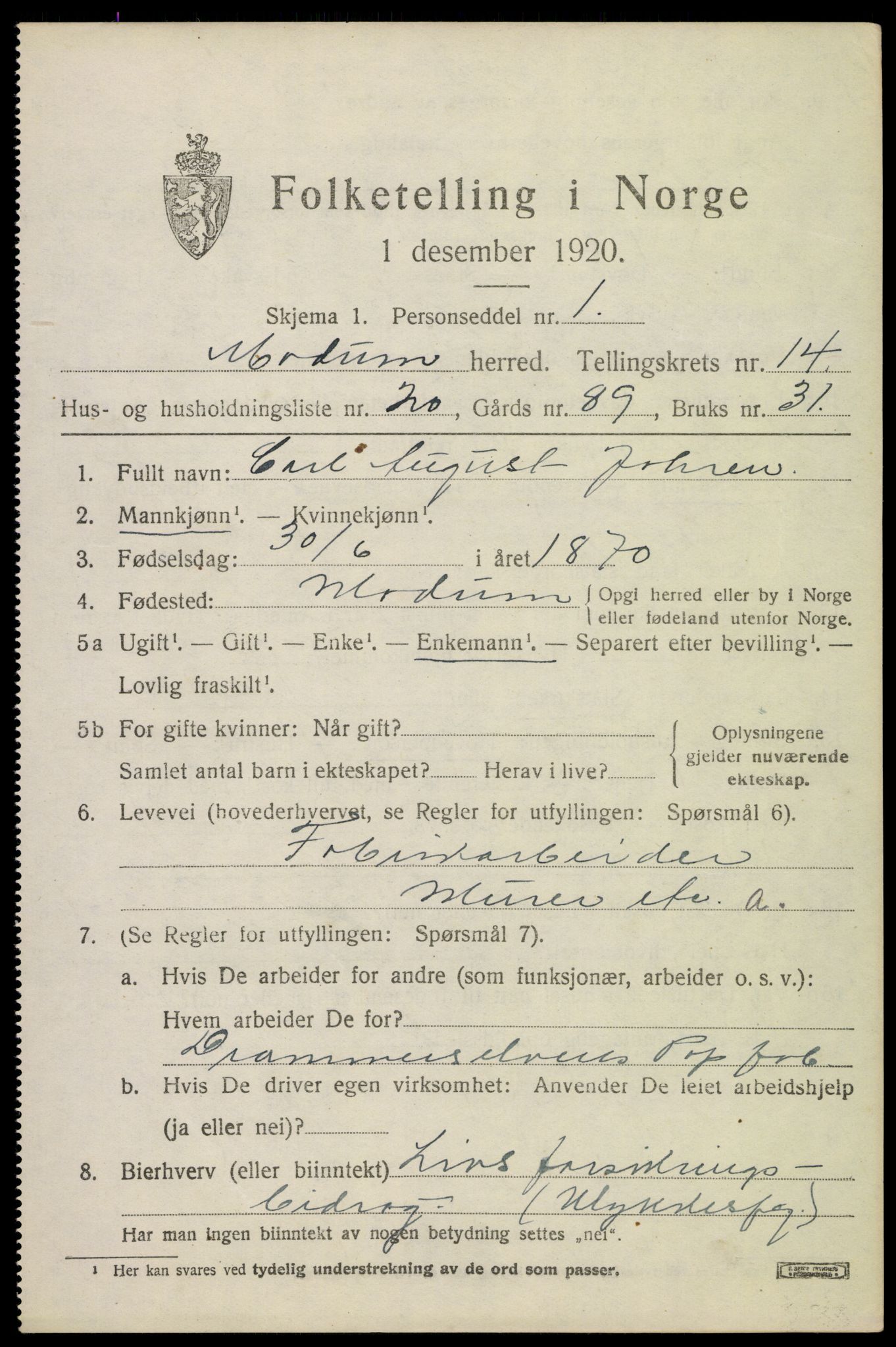 SAKO, 1920 census for Modum, 1920, p. 16213