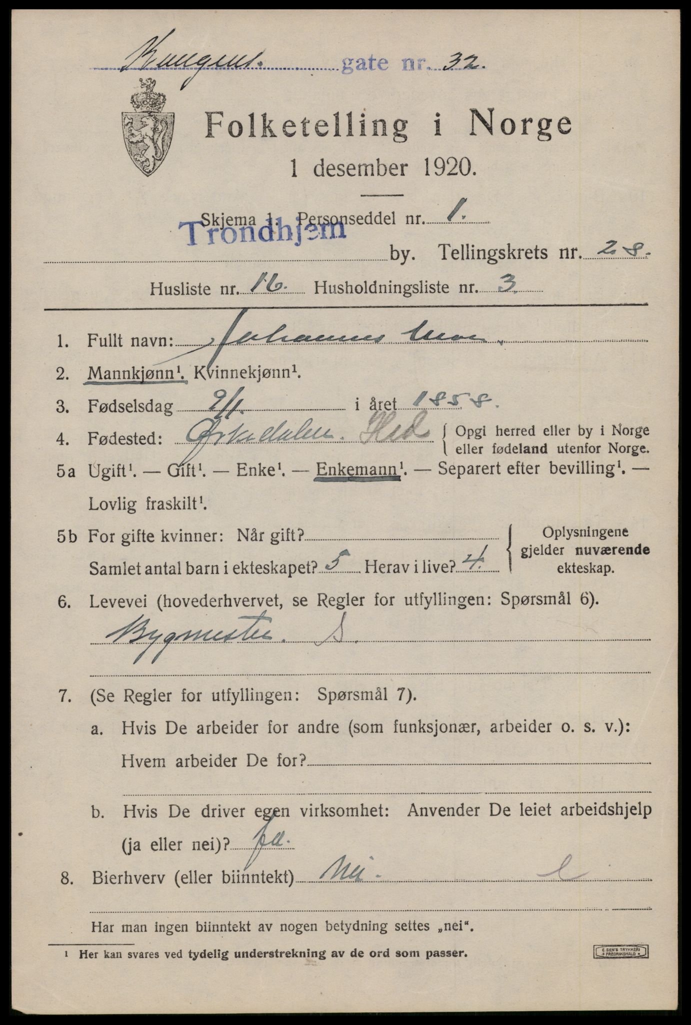 SAT, 1920 census for Trondheim, 1920, p. 71390