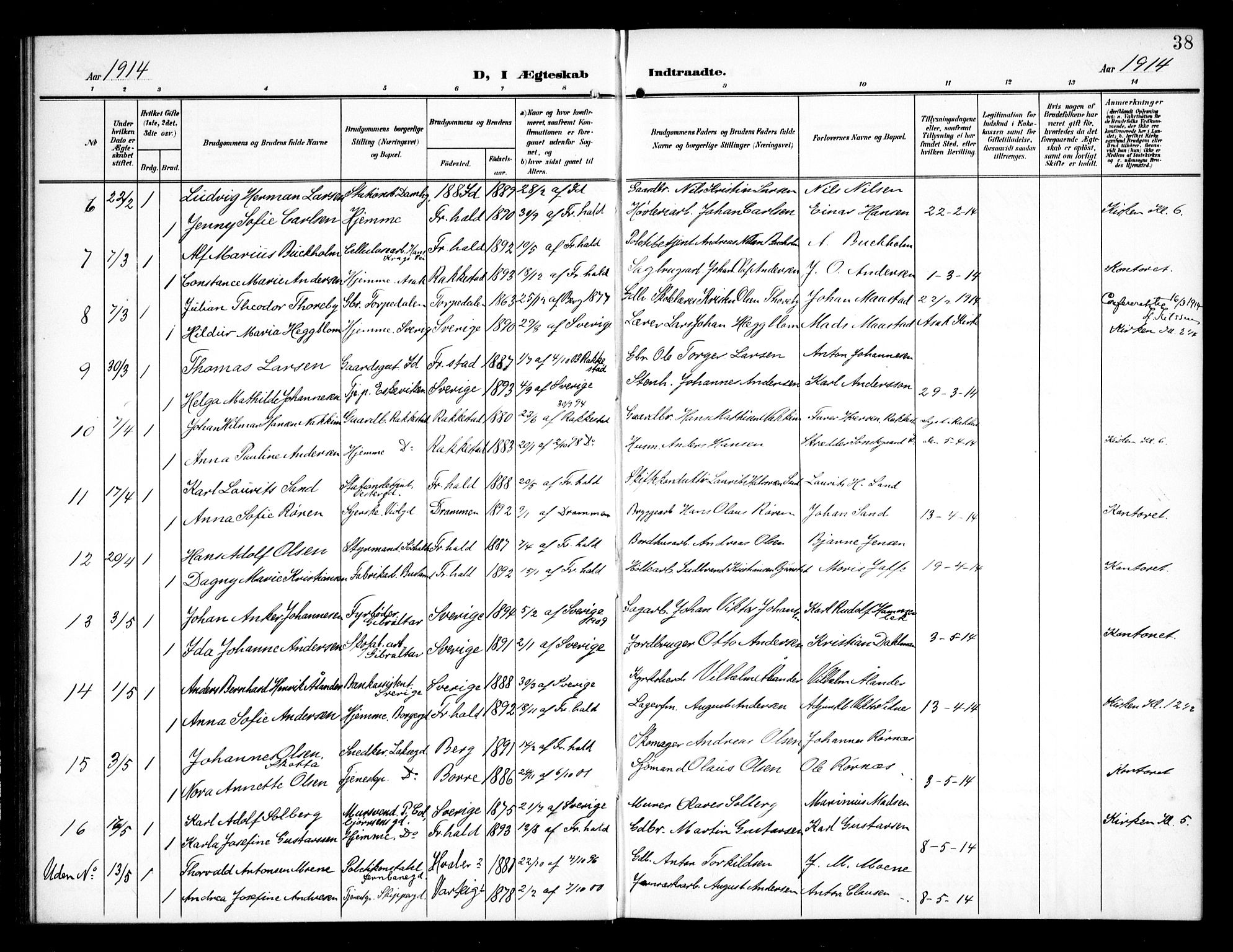 Halden prestekontor Kirkebøker, SAO/A-10909/G/Ga/L0011: Parish register (copy) no. 11, 1906-1934, p. 38
