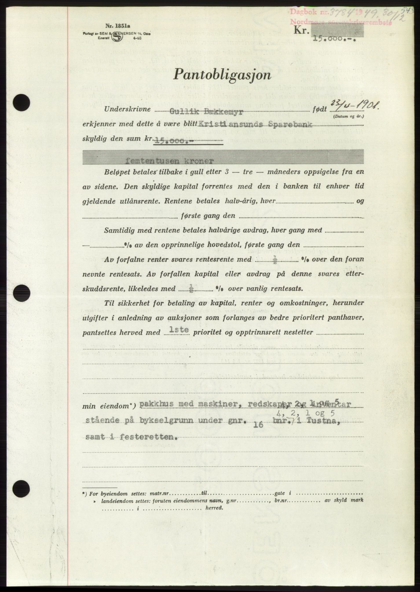 Nordmøre sorenskriveri, AV/SAT-A-4132/1/2/2Ca: Mortgage book no. B103, 1949-1950, Diary no: : 3784/1949