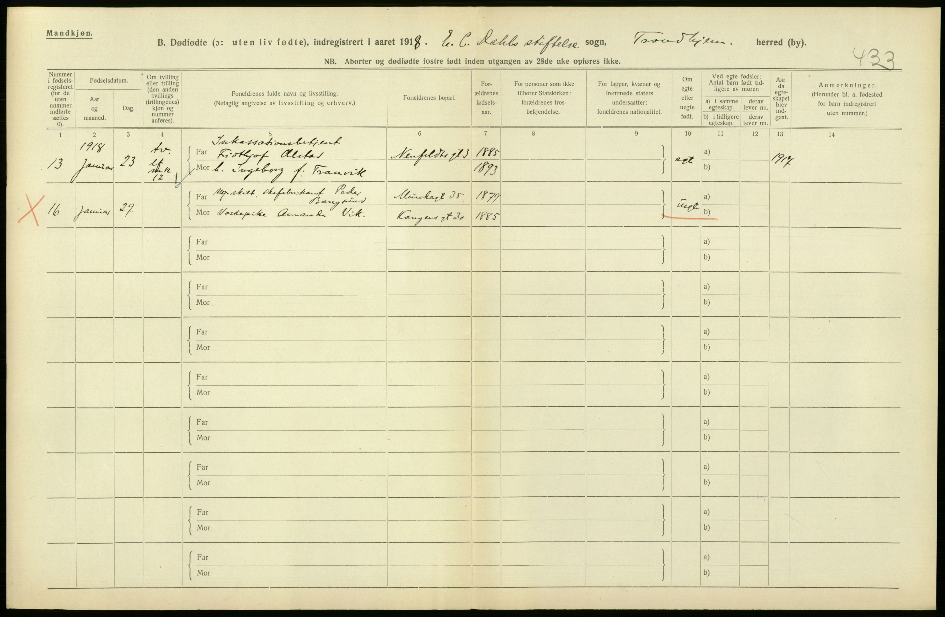 Statistisk sentralbyrå, Sosiodemografiske emner, Befolkning, AV/RA-S-2228/D/Df/Dfb/Dfbh/L0049: Trondheim: Døde, dødfødte., 1918, p. 360