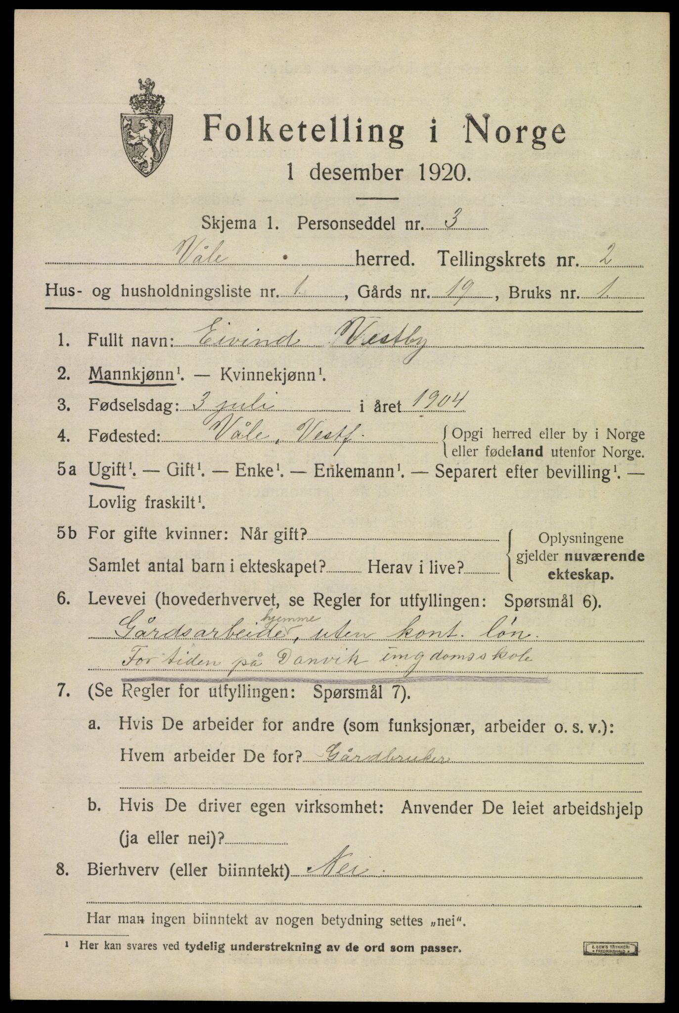 SAKO, 1920 census for Våle, 1920, p. 1902