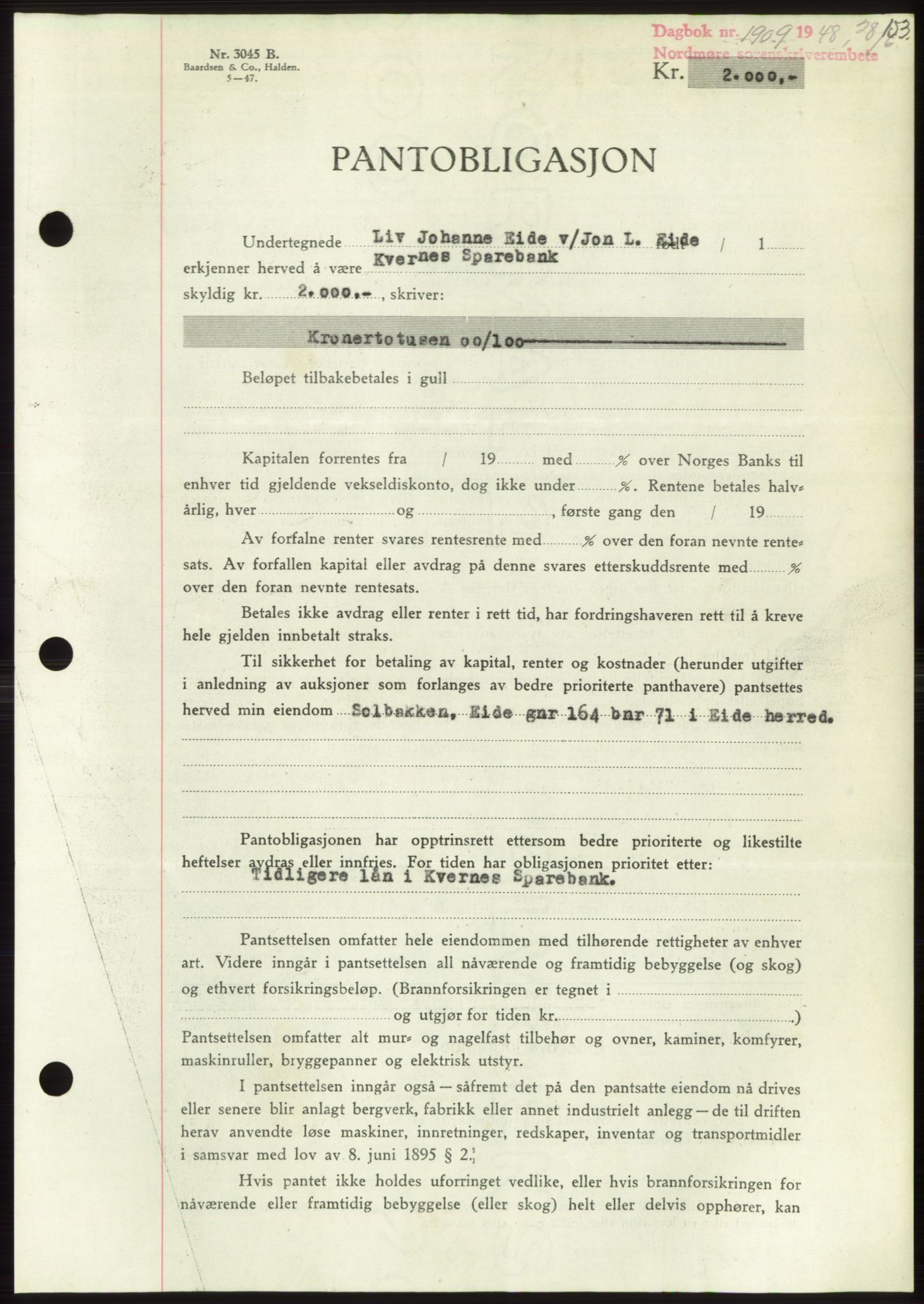 Nordmøre sorenskriveri, AV/SAT-A-4132/1/2/2Ca: Mortgage book no. B99, 1948-1948, Diary no: : 1909/1948