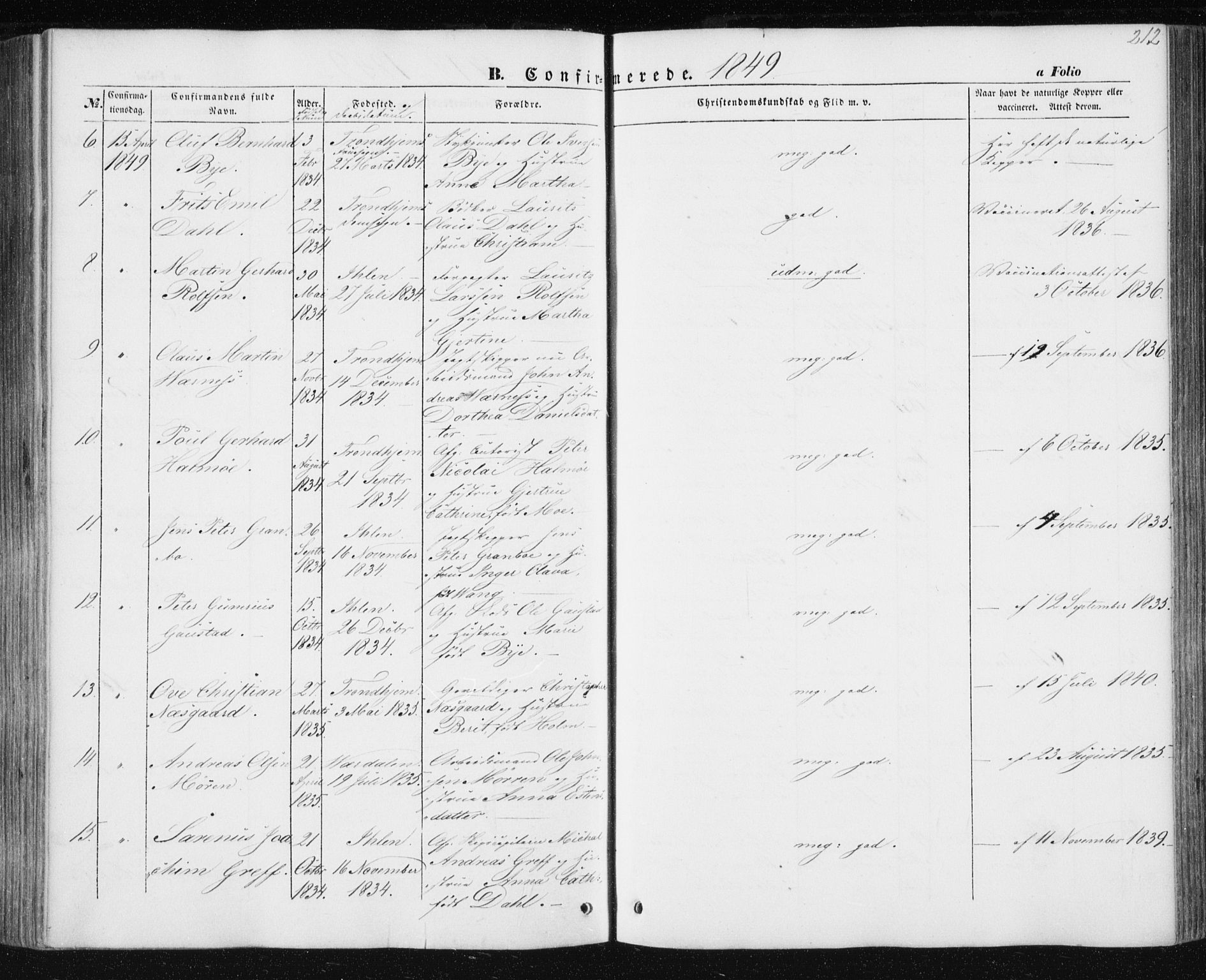 Ministerialprotokoller, klokkerbøker og fødselsregistre - Sør-Trøndelag, AV/SAT-A-1456/602/L0112: Parish register (official) no. 602A10, 1848-1859, p. 212