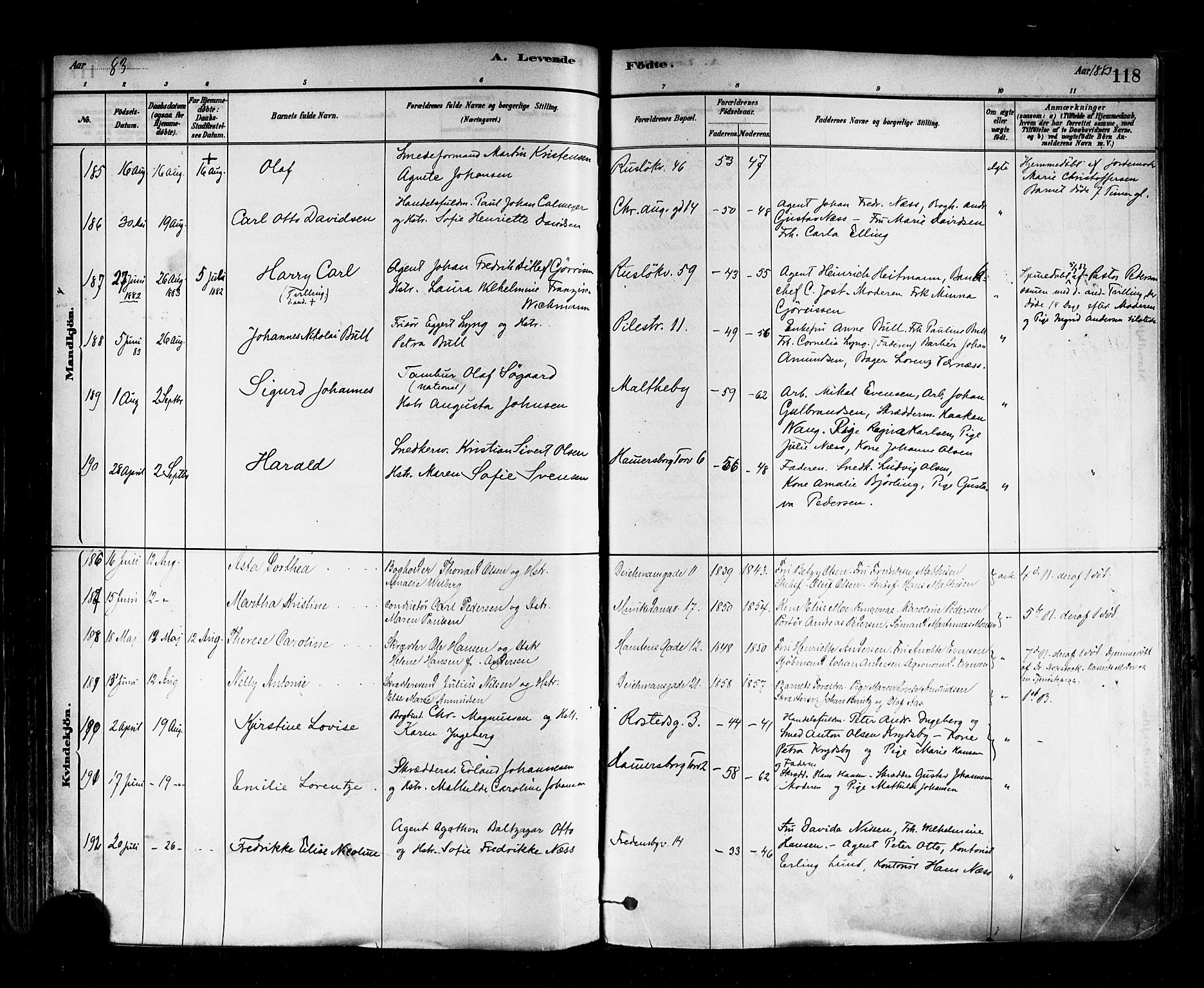 Trefoldighet prestekontor Kirkebøker, AV/SAO-A-10882/F/Fa/L0005: Parish register (official) no. I 5, 1881-1891, p. 118