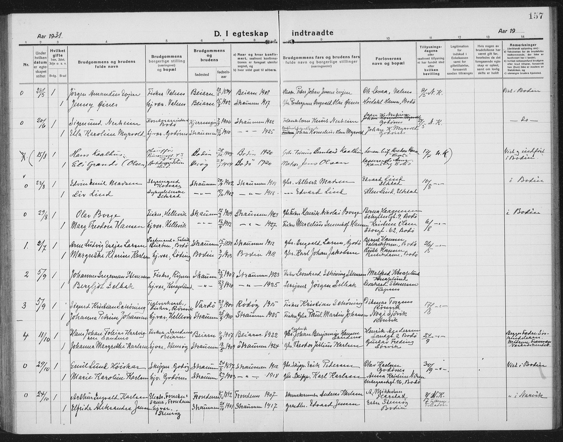 Ministerialprotokoller, klokkerbøker og fødselsregistre - Nordland, AV/SAT-A-1459/804/L0089: Parish register (copy) no. 804C02, 1918-1935, p. 157