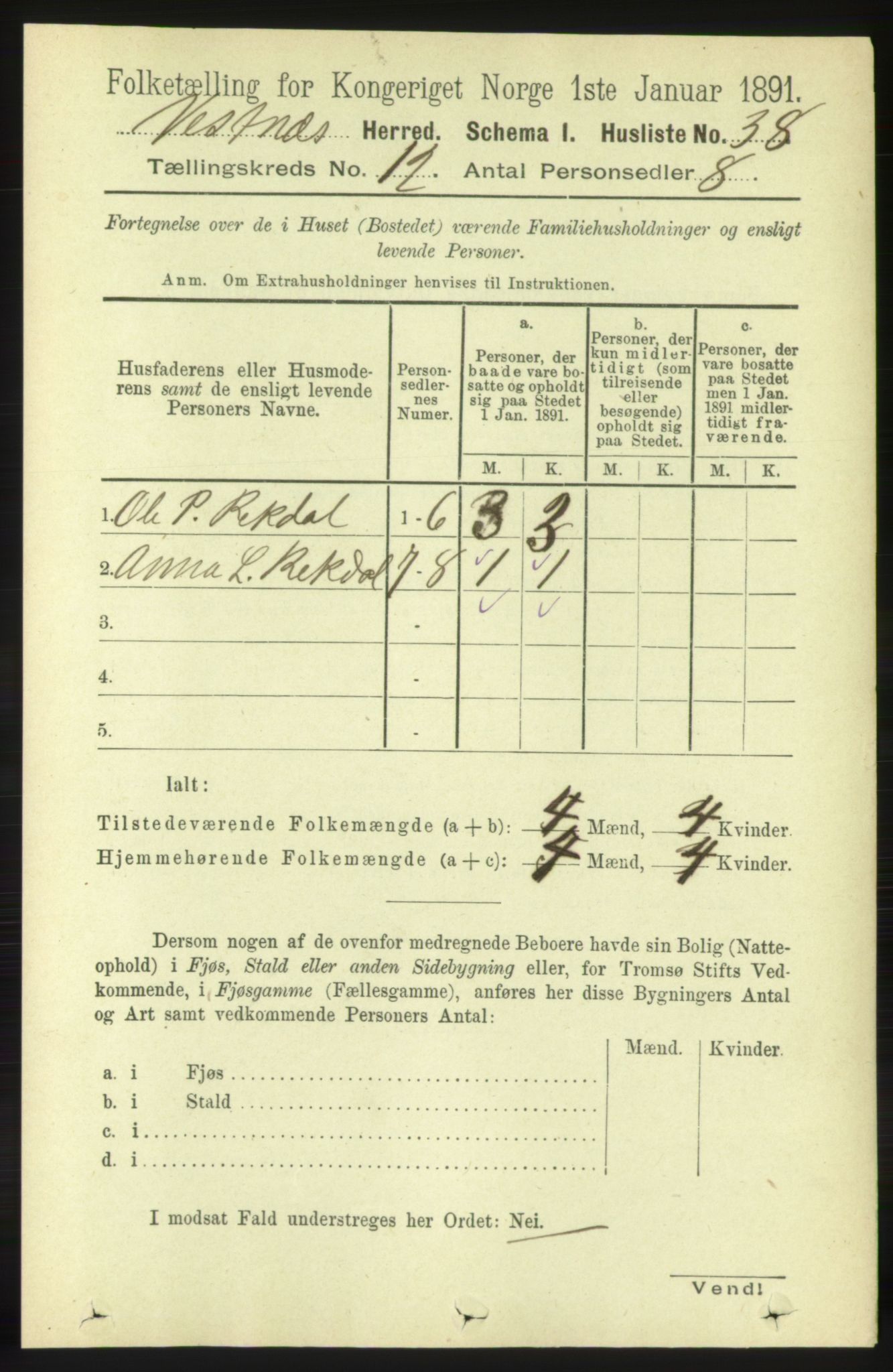 RA, 1891 census for 1535 Vestnes, 1891, p. 4406