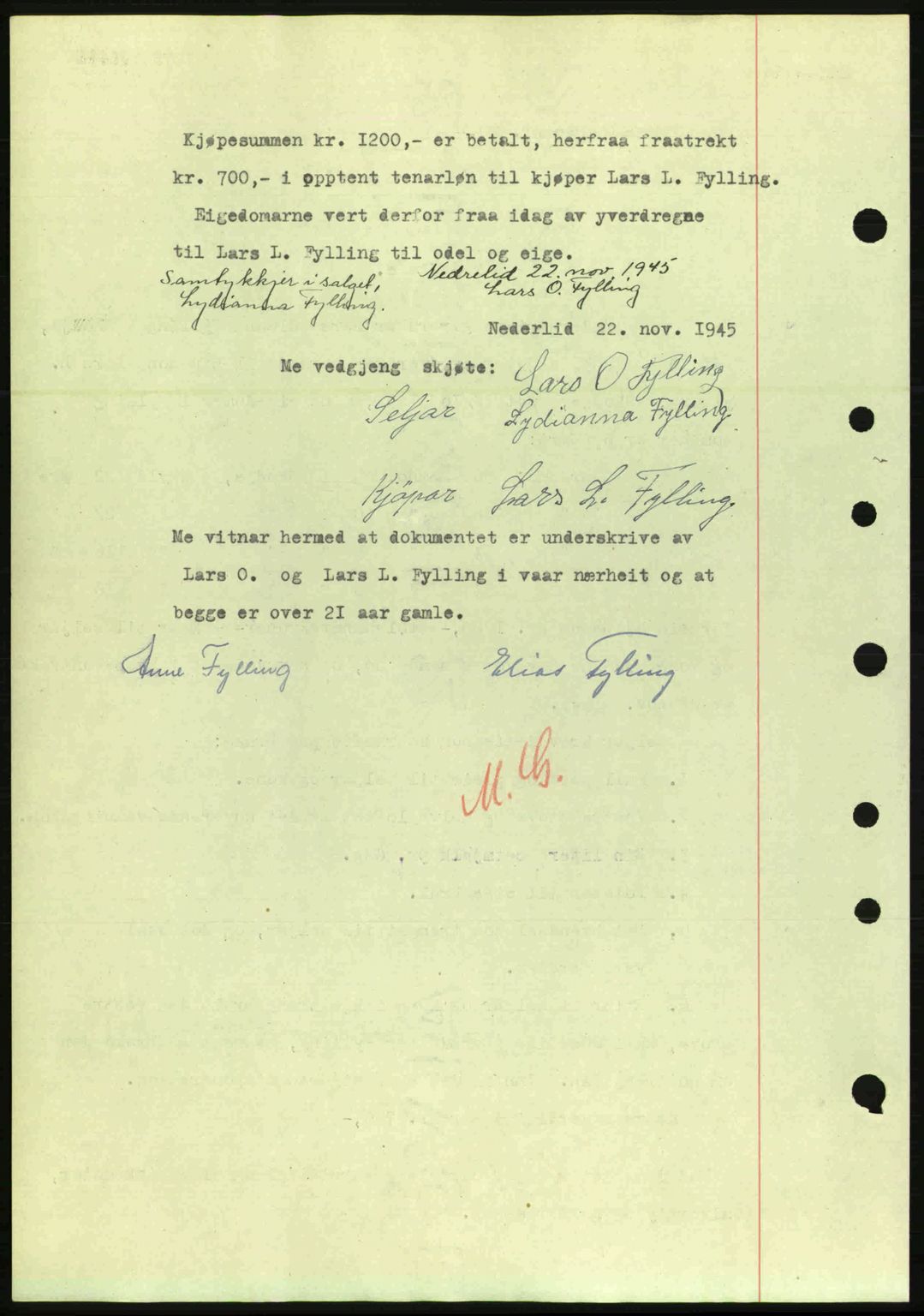 Nordre Sunnmøre sorenskriveri, SAT/A-0006/1/2/2C/2Ca: Mortgage book no. A20a, 1945-1945, Diary no: : 1075/1945