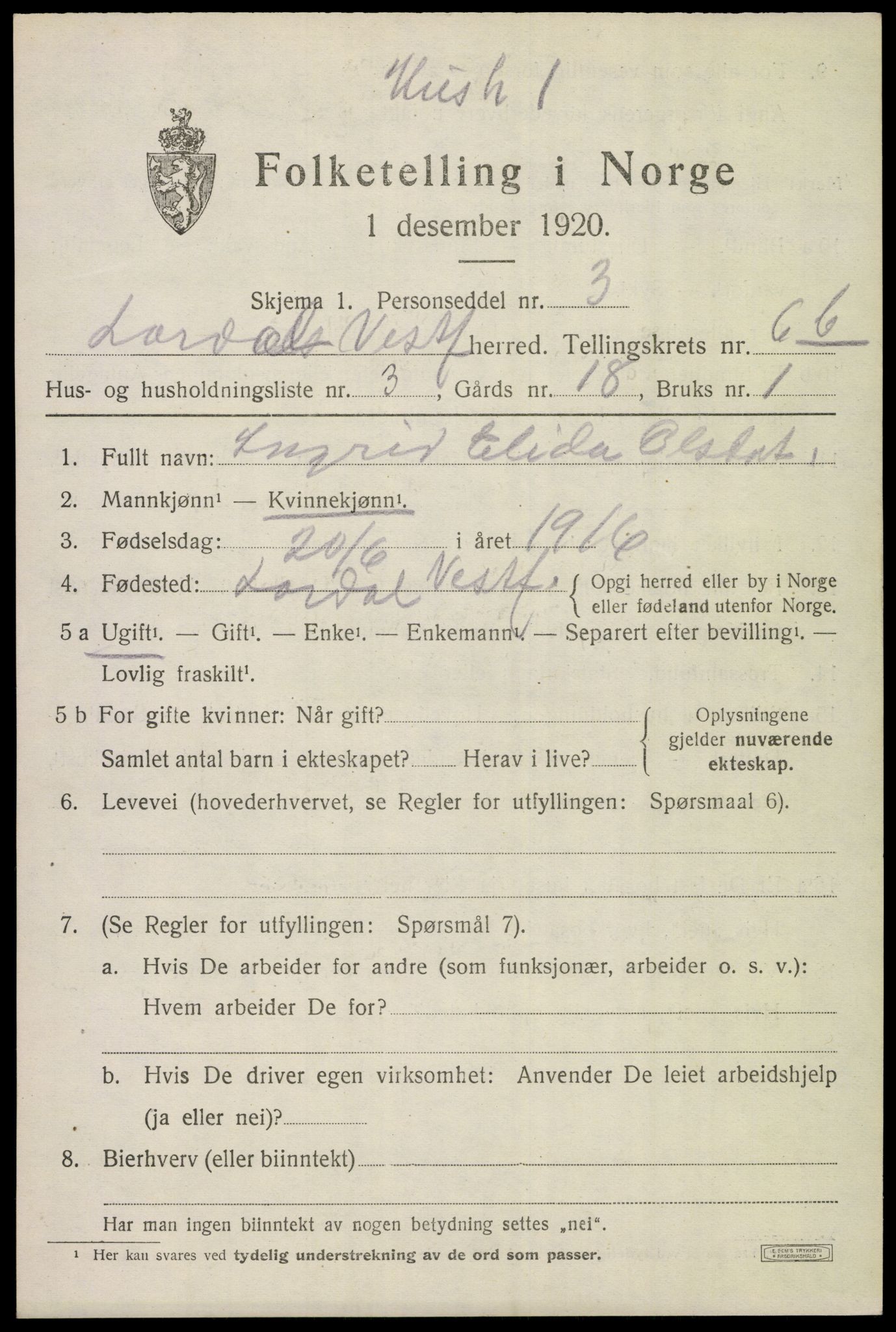 SAKO, 1920 census for Lardal, 1920, p. 5843