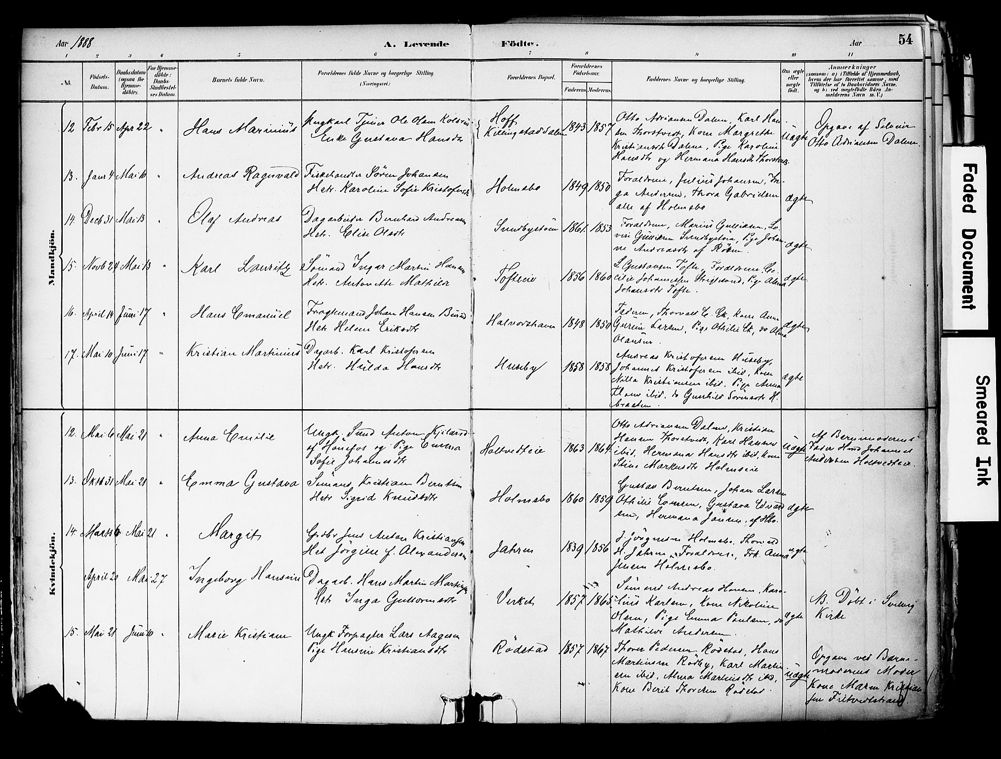 Hurum kirkebøker, SAKO/A-229/F/Fa/L0014: Parish register (official) no. 14, 1882-1895, p. 54