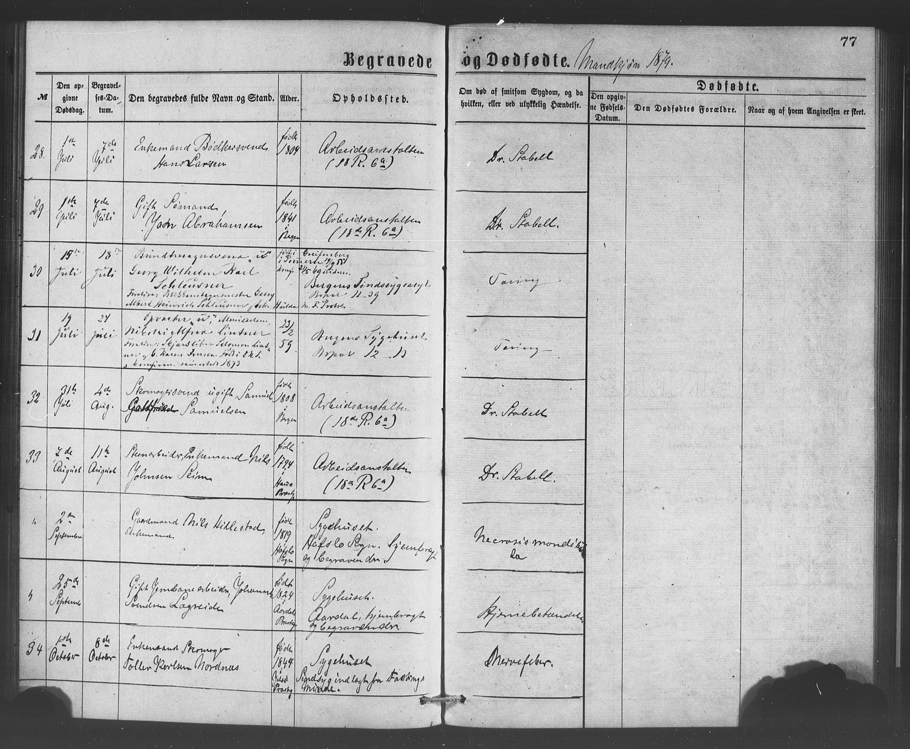 Bergen kommunale pleiehjem - stiftelsespresten, SAB/A-100281: Parish register (official) no. A 1, 1874-1886, p. 77