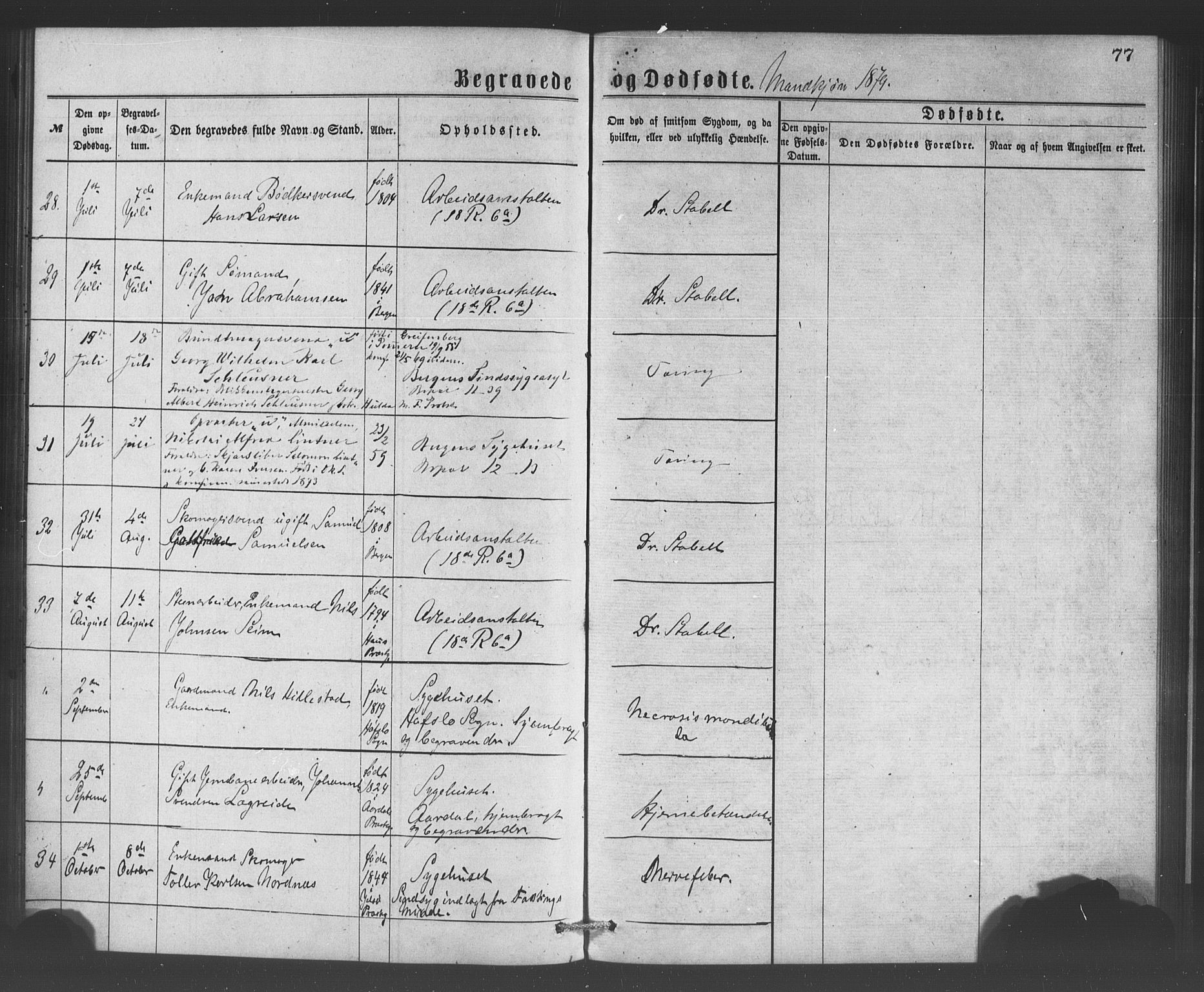 Bergen kommunale pleiehjem - stiftelsespresten, AV/SAB-A-100281: Parish register (official) no. A 1, 1874-1886, p. 77