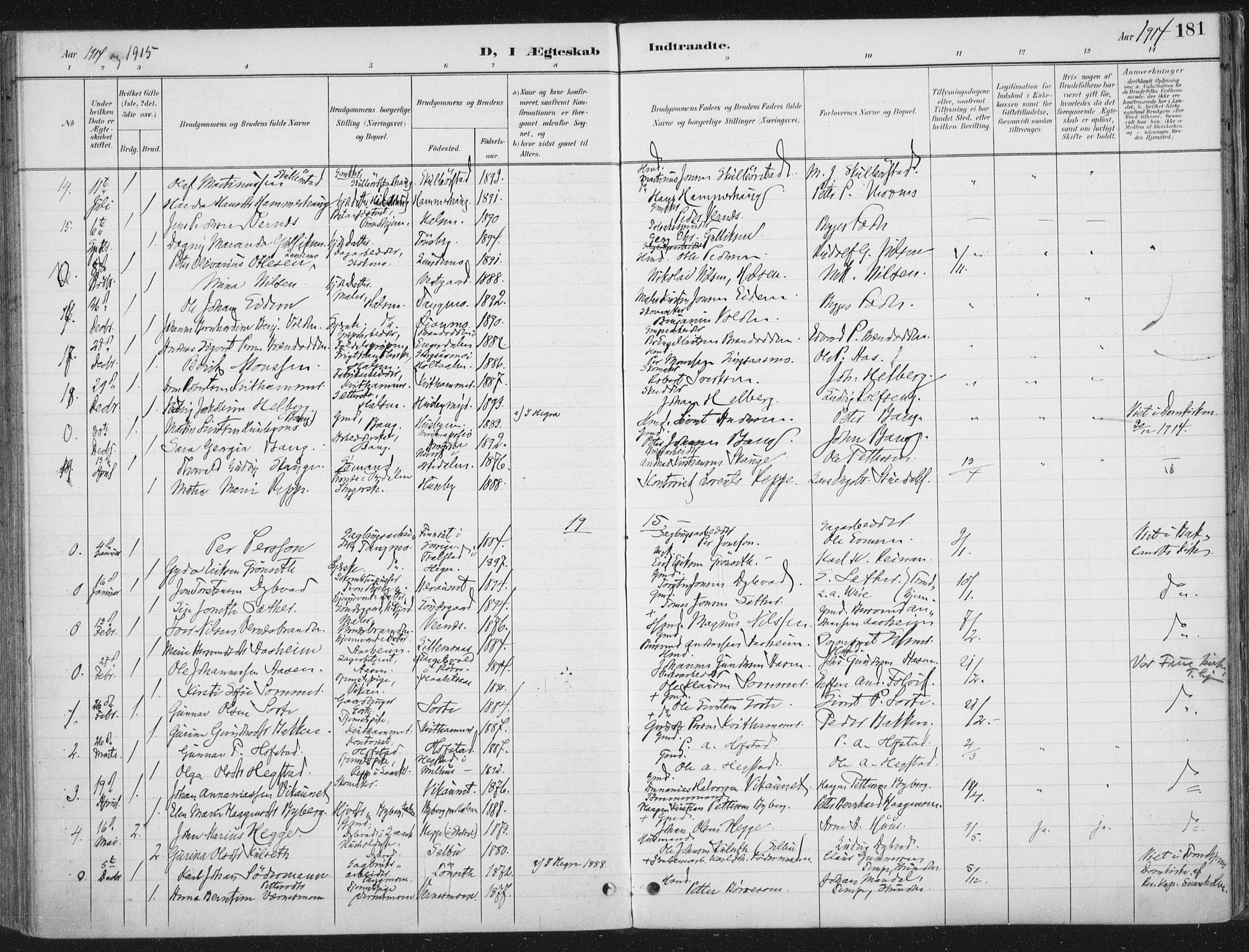 Ministerialprotokoller, klokkerbøker og fødselsregistre - Nord-Trøndelag, AV/SAT-A-1458/709/L0082: Parish register (official) no. 709A22, 1896-1916, p. 181