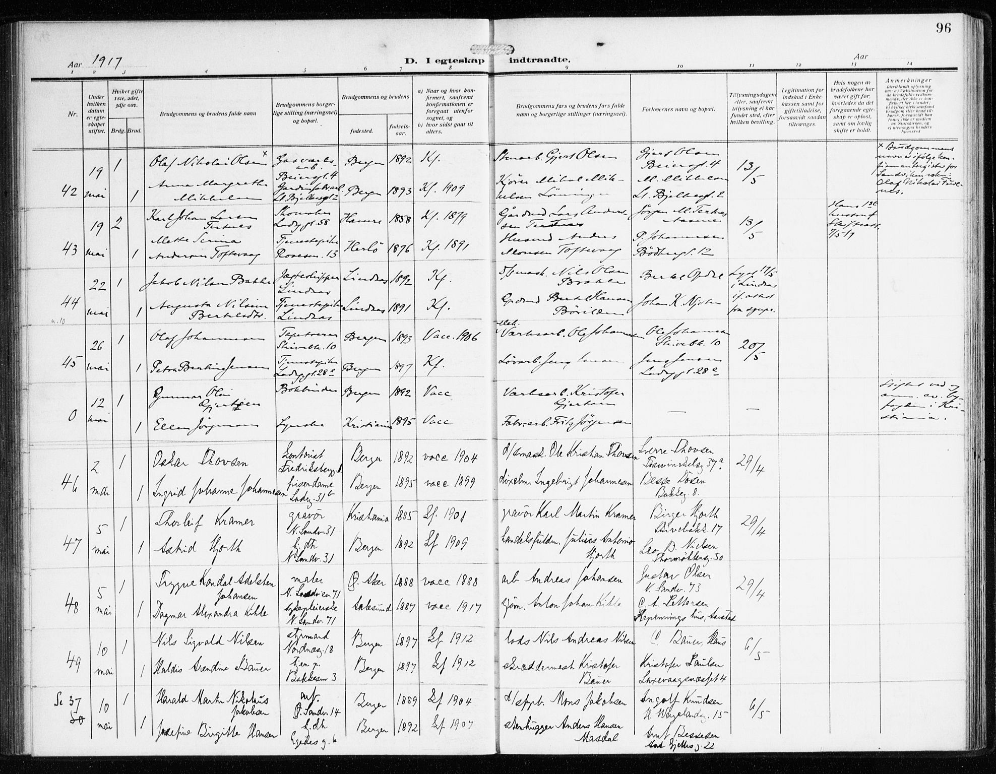 Sandviken Sokneprestembete, AV/SAB-A-77601/H/Ha/L0015: Parish register (official) no. D 2, 1911-1923, p. 96