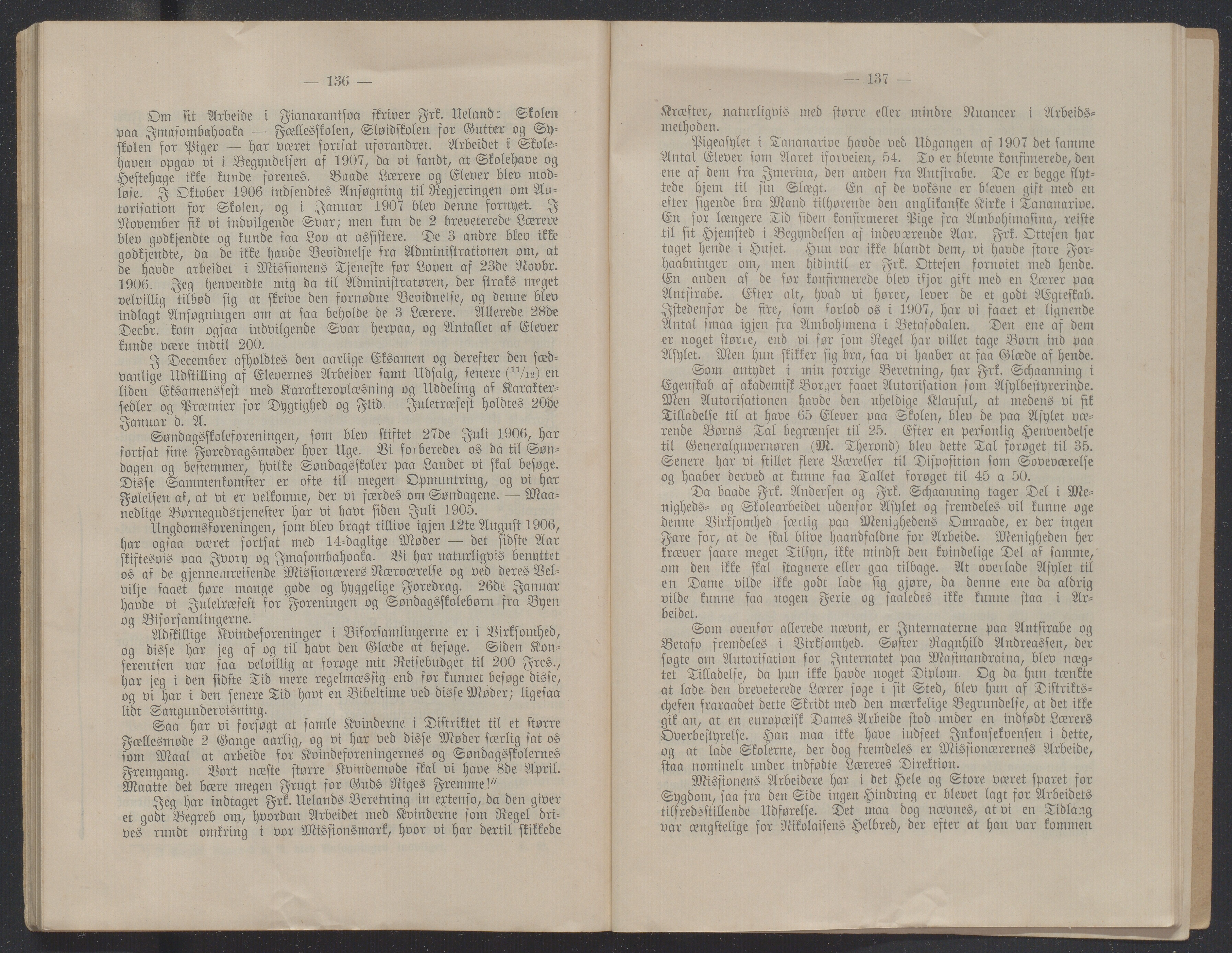 Det Norske Misjonsselskap - hovedadministrasjonen, VID/MA-A-1045/D/Db/Dba/L0340/0008: Beretninger, Bøker, Skrifter o.l   / Årsberetninger. Heftet. 66. , 1907, p. 136-137