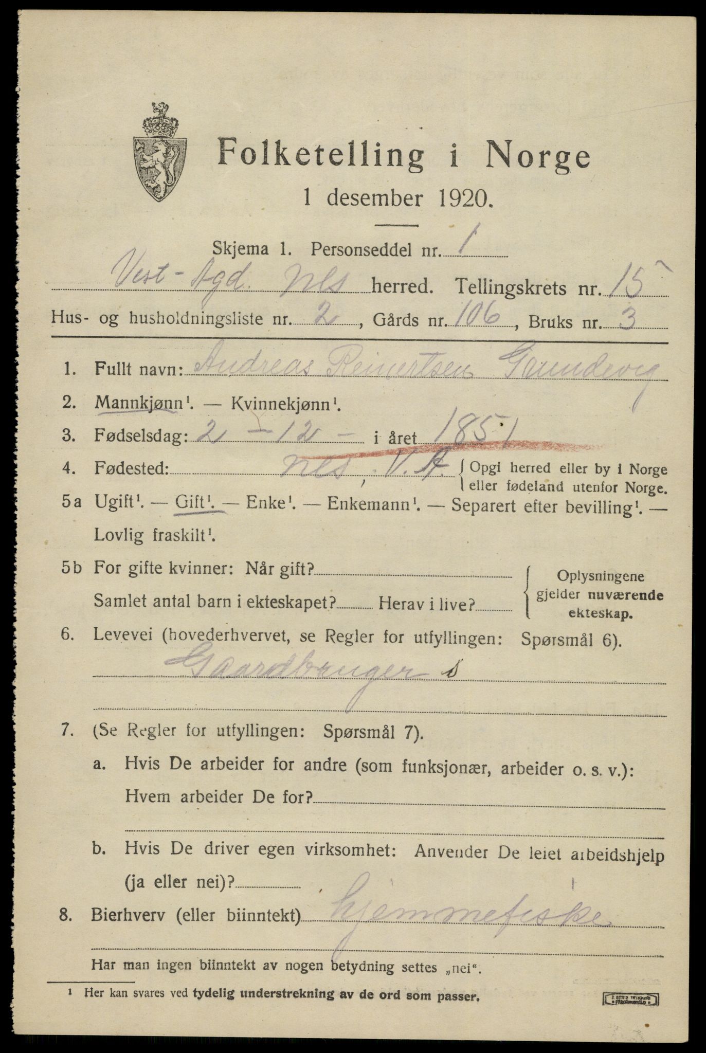 SAK, 1920 census for Nes (V-A), 1920, p. 5602