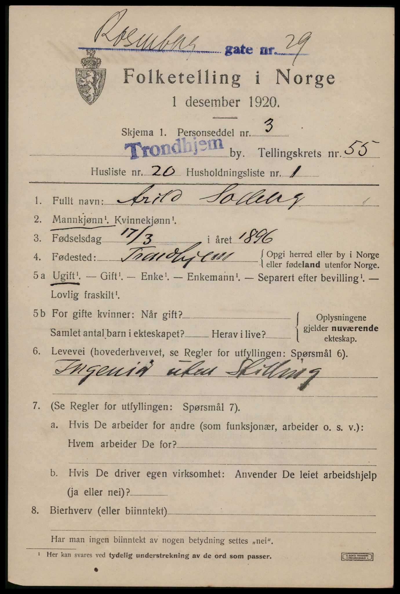 SAT, 1920 census for Trondheim, 1920, p. 112742