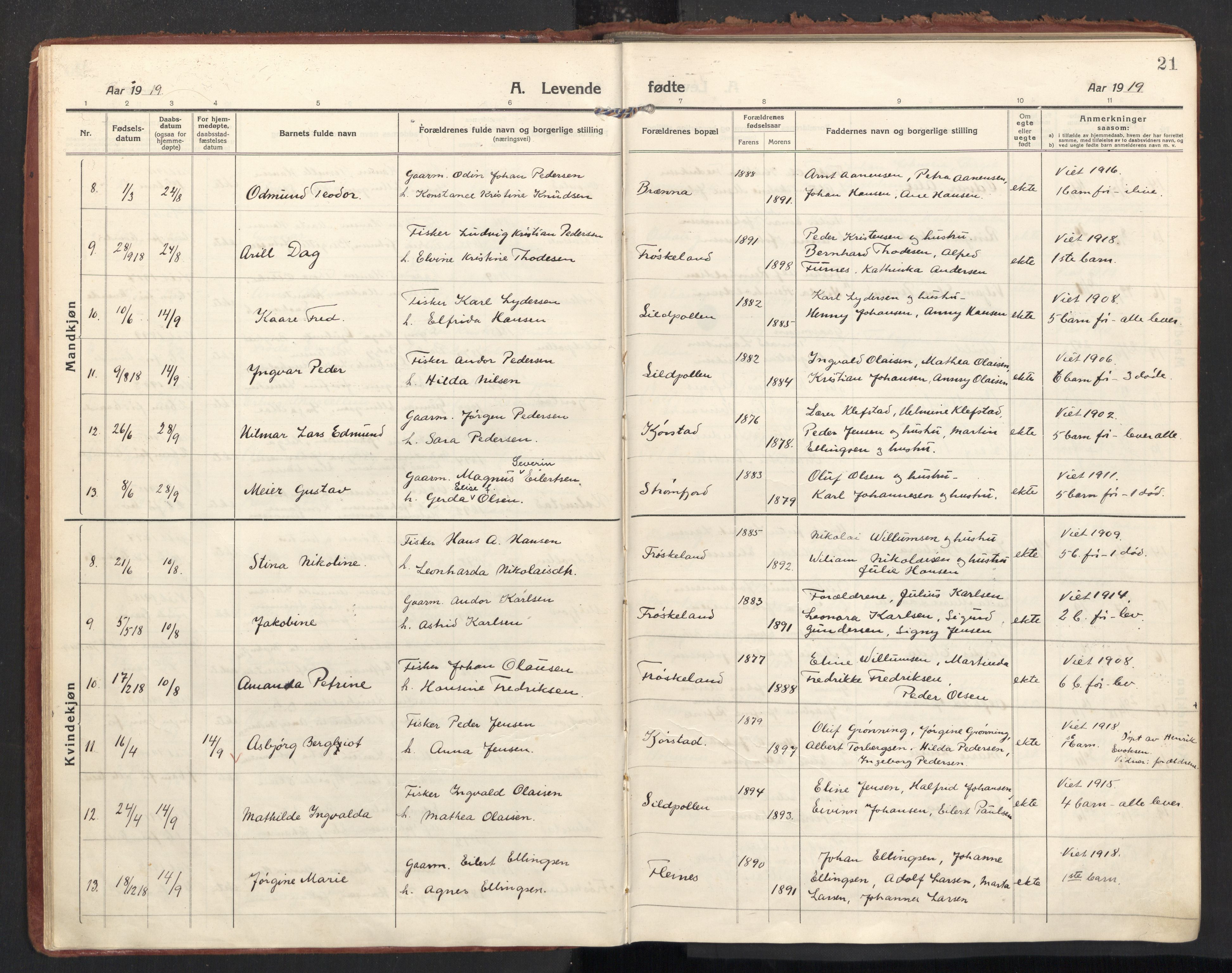 Ministerialprotokoller, klokkerbøker og fødselsregistre - Nordland, AV/SAT-A-1459/890/L1288: Parish register (official) no. 890A03, 1915-1925, p. 21