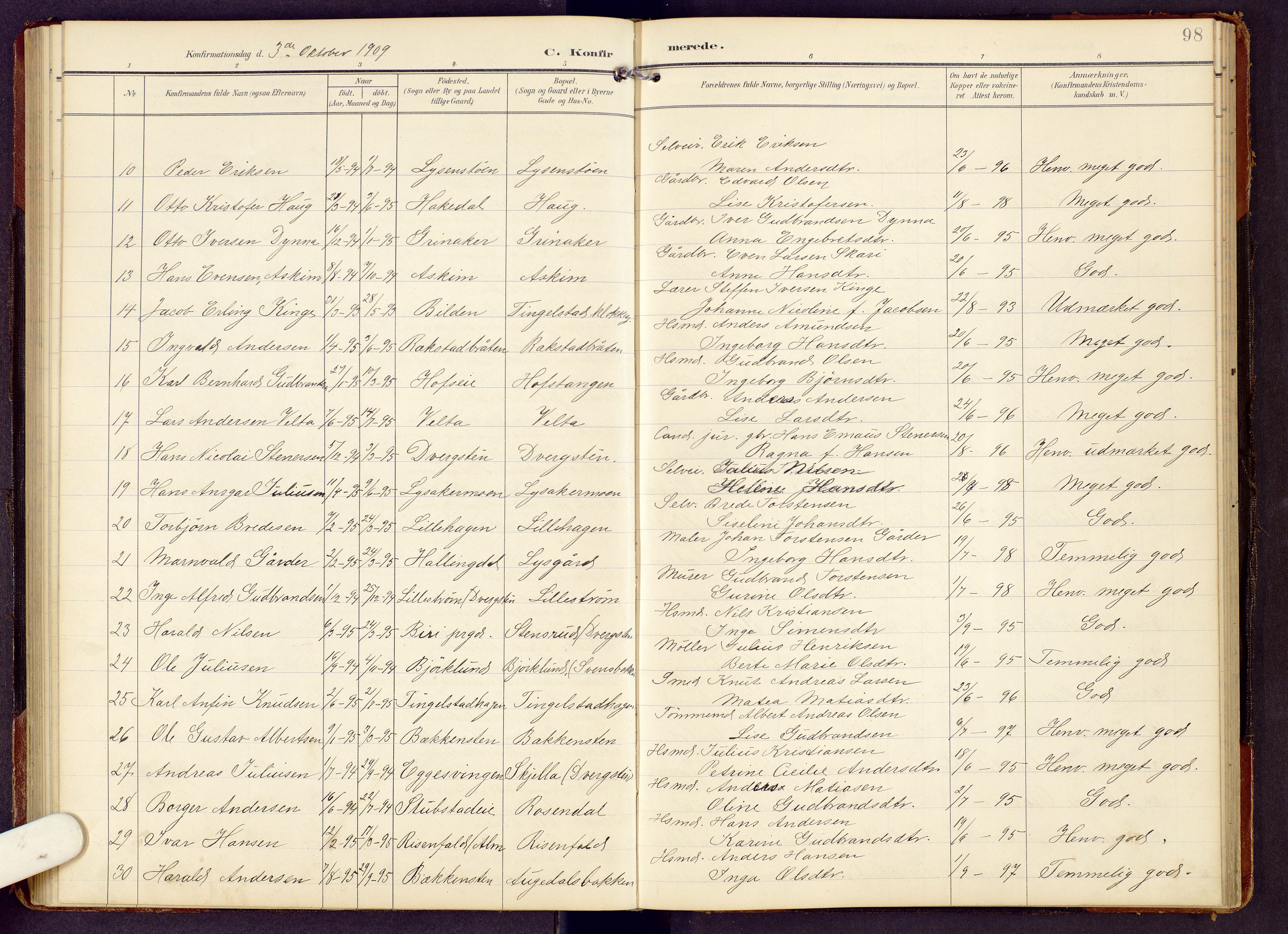 Brandbu prestekontor, SAH/PREST-114/H/Ha/Hab/L0009: Parish register (copy) no. 9, 1903-1916, p. 98