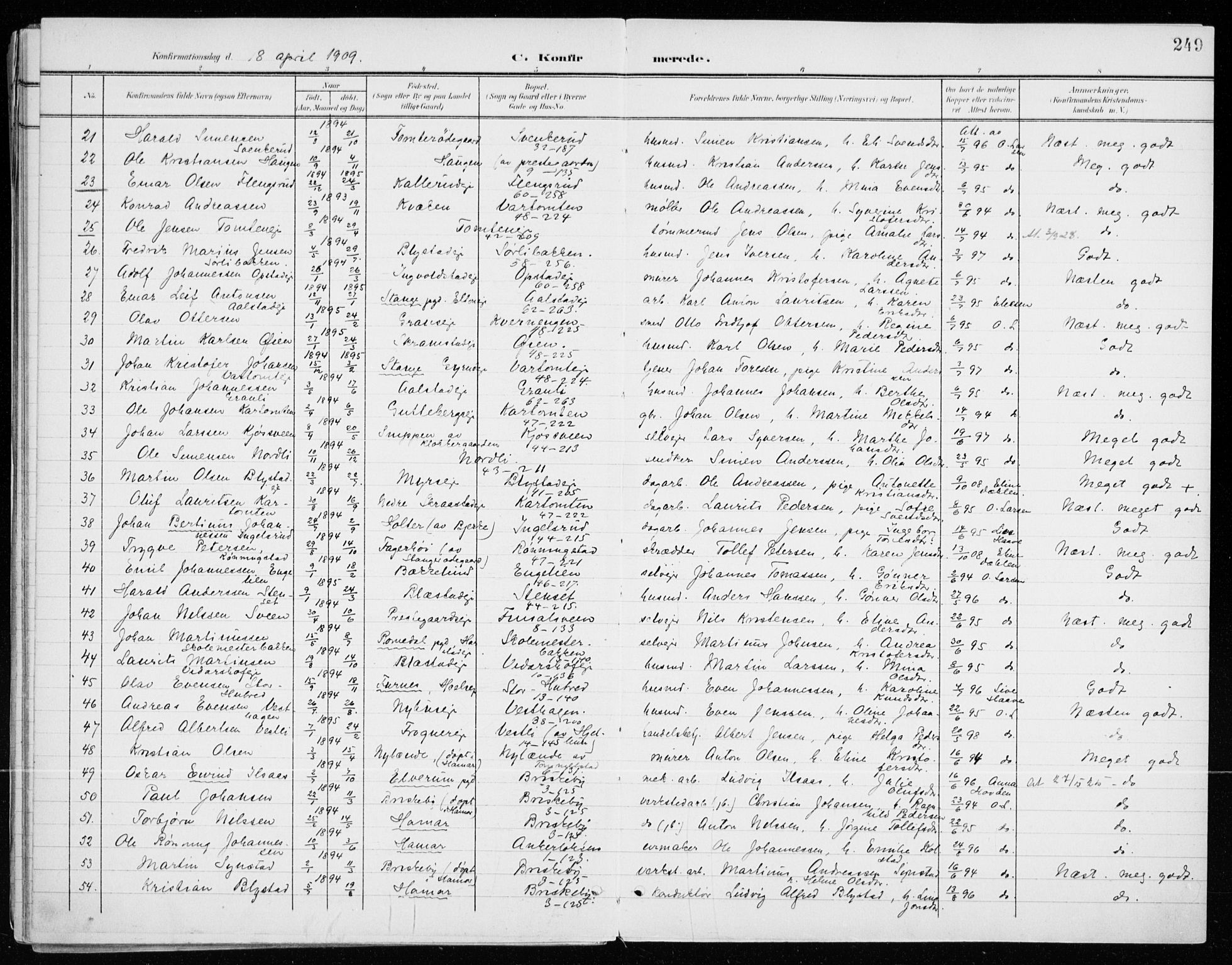 Vang prestekontor, Hedmark, SAH/PREST-008/H/Ha/Haa/L0021: Parish register (official) no. 21, 1902-1917, p. 249