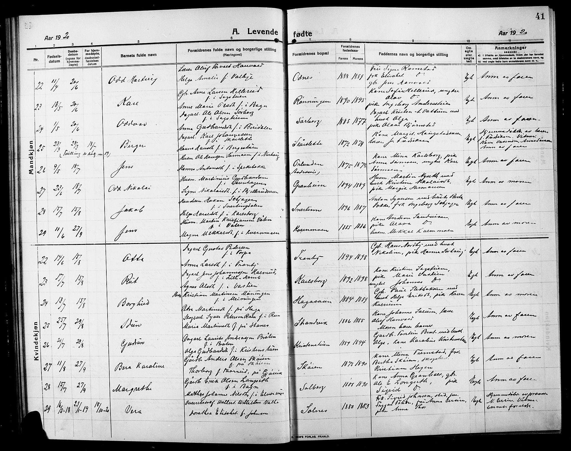 Søndre Land prestekontor, AV/SAH-PREST-122/L/L0006: Parish register (copy) no. 6, 1912-1925, p. 41