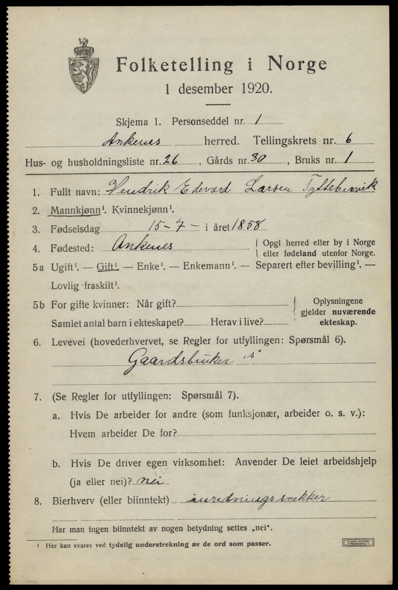 SAT, 1920 census for Ankenes, 1920, p. 3689