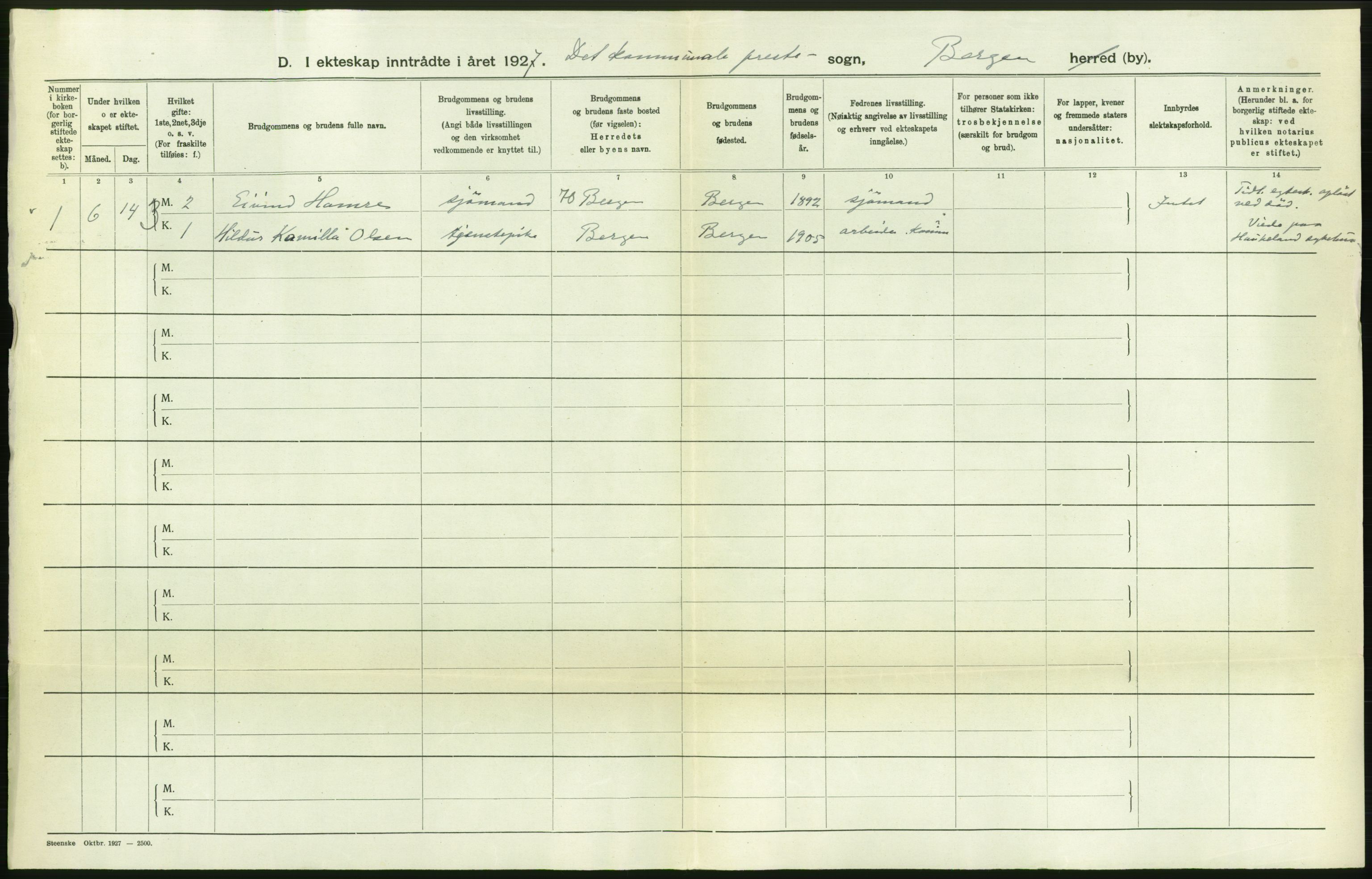 Statistisk sentralbyrå, Sosiodemografiske emner, Befolkning, RA/S-2228/D/Df/Dfc/Dfcg/L0028: Bergen: Gifte, døde., 1927, p. 310