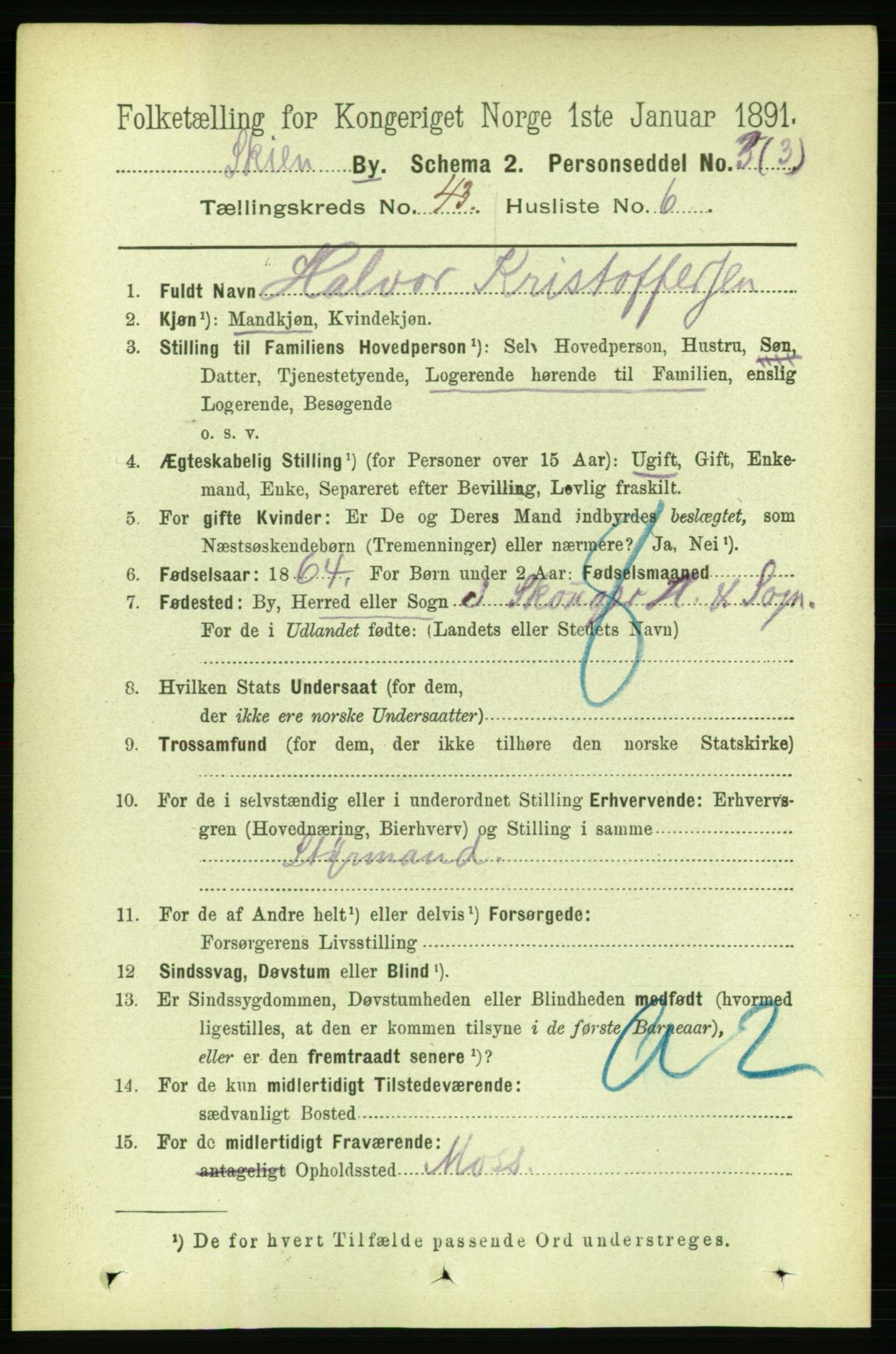 RA, 1891 census for 0806 Skien, 1891, p. 8618