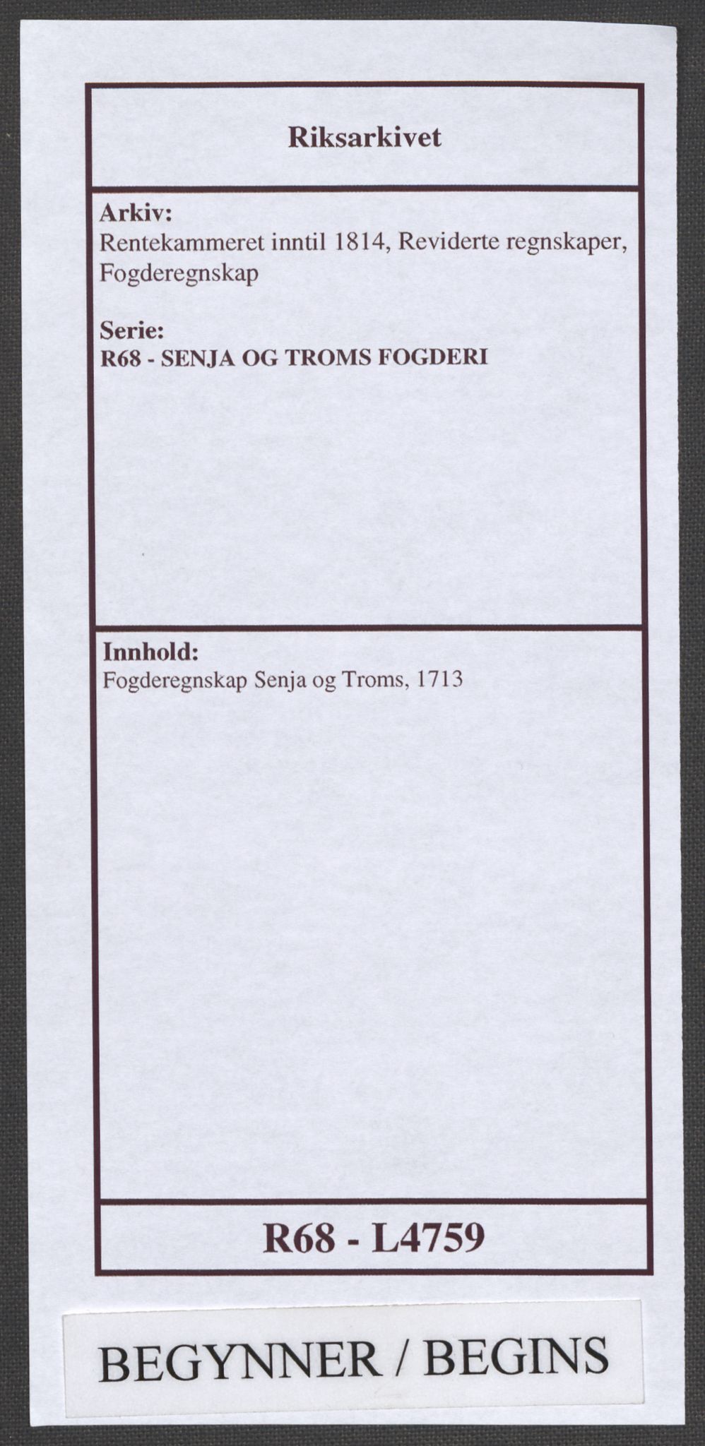 Rentekammeret inntil 1814, Reviderte regnskaper, Fogderegnskap, AV/RA-EA-4092/R68/L4759: Fogderegnskap Senja og Troms, 1713, p. 1