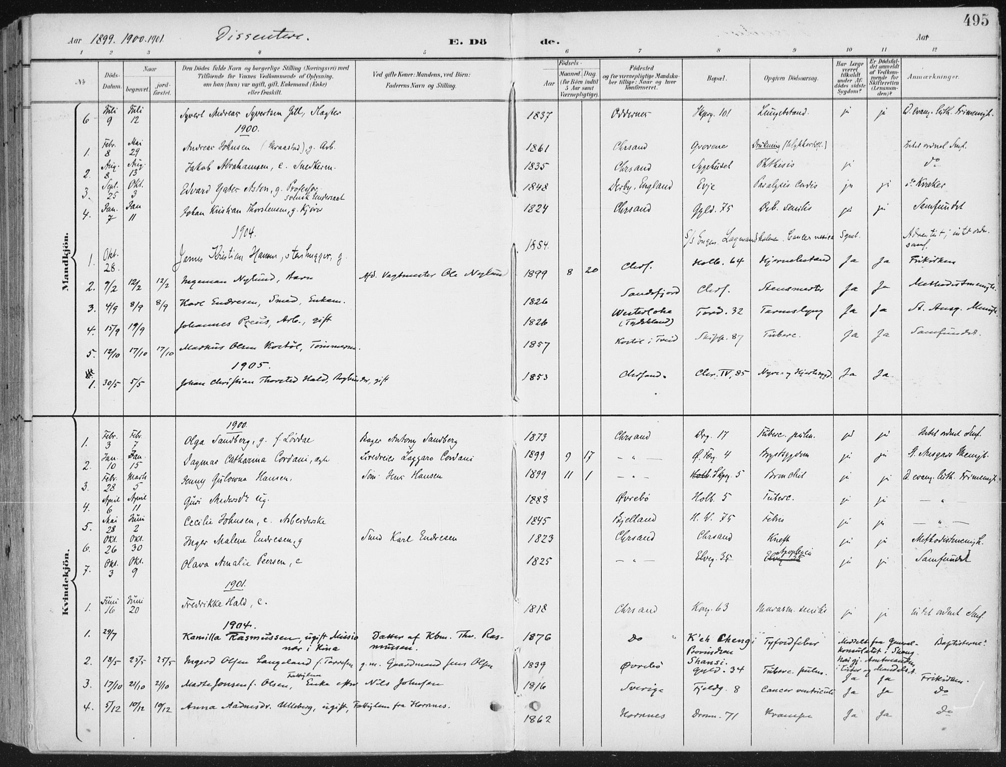 Kristiansand domprosti, SAK/1112-0006/F/Fa/L0021: Parish register (official) no. A 20, 1898-1908, p. 495