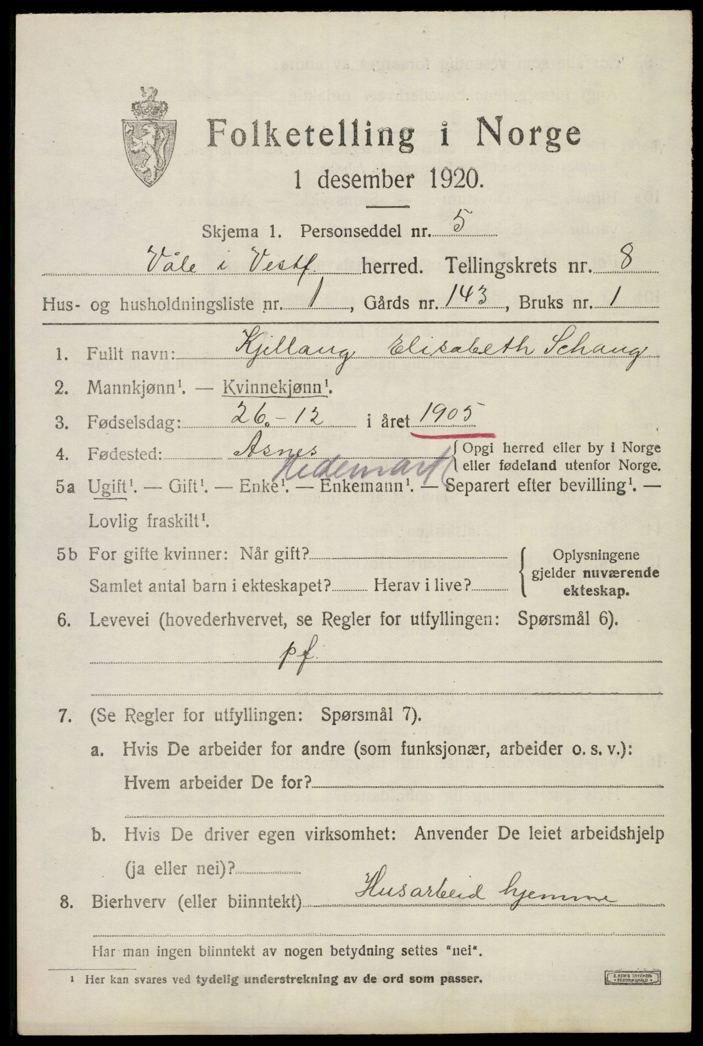 SAKO, 1920 census for Våle, 1920, p. 6168